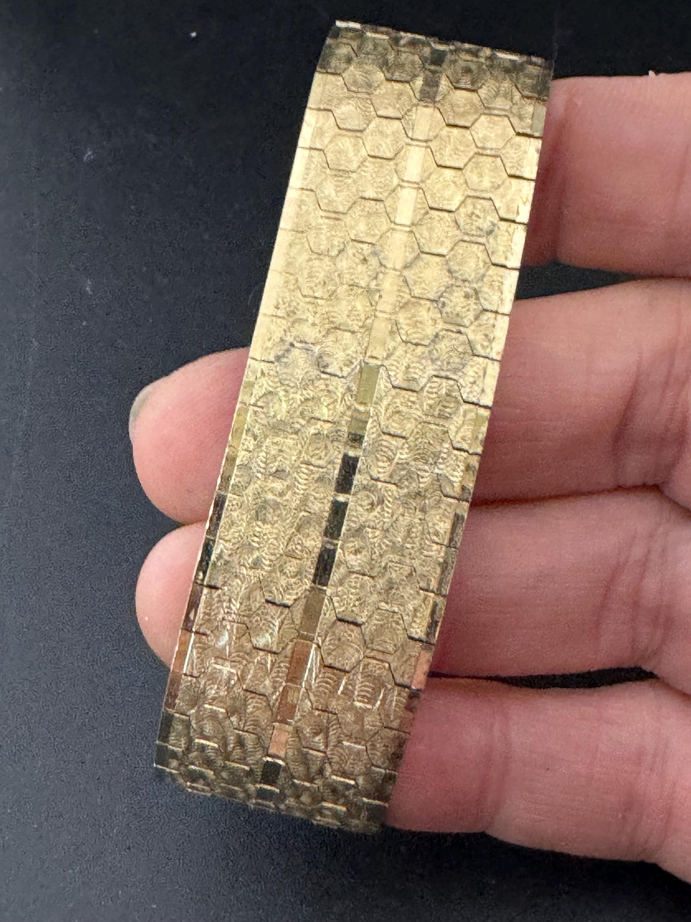 1970s 18k GP flat 22mm wide articulated cuff bracelet, Italian gold plated