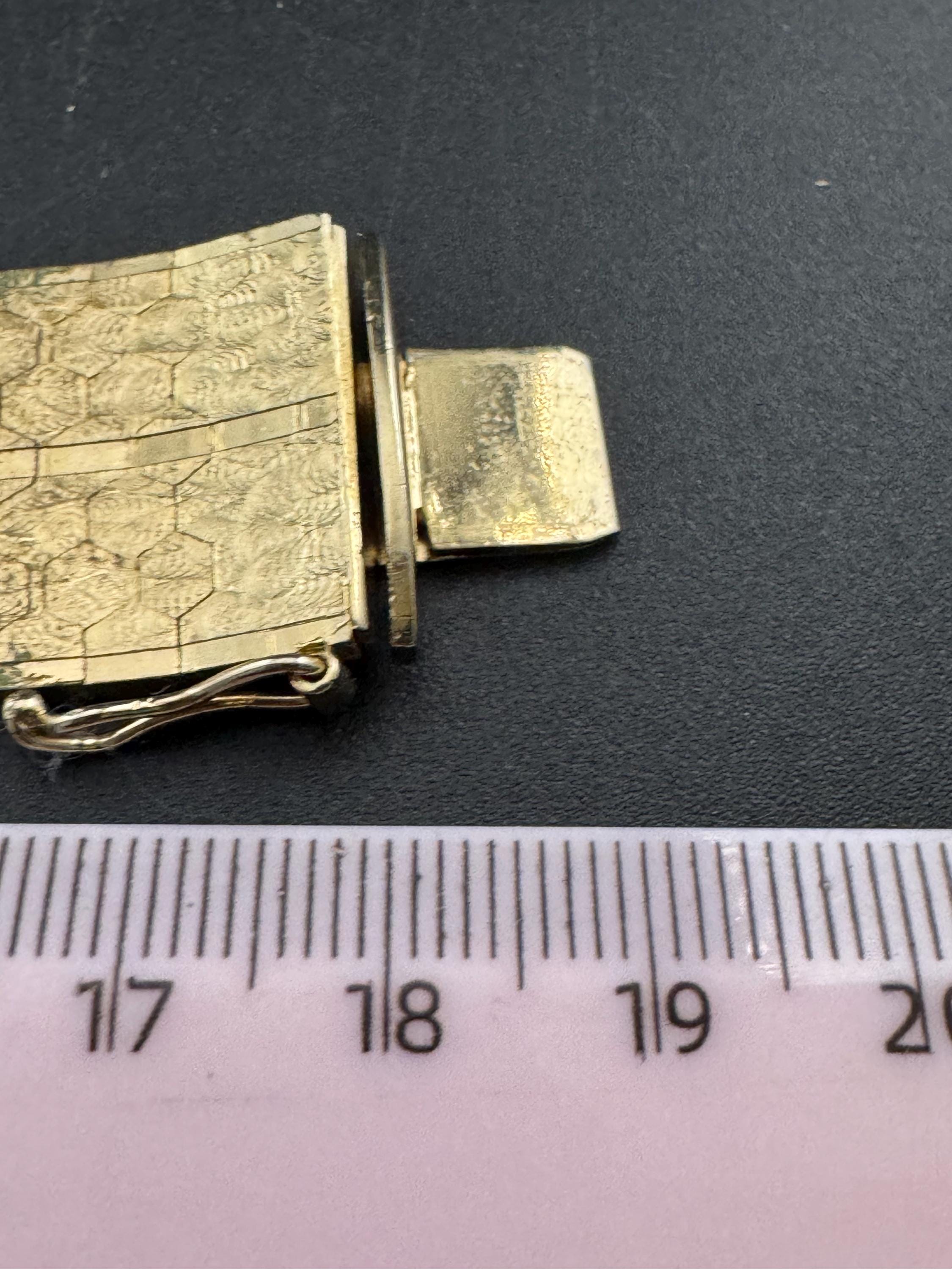 1970s 18k GP flat 22mm wide articulated cuff bracelet, Italian gold plated