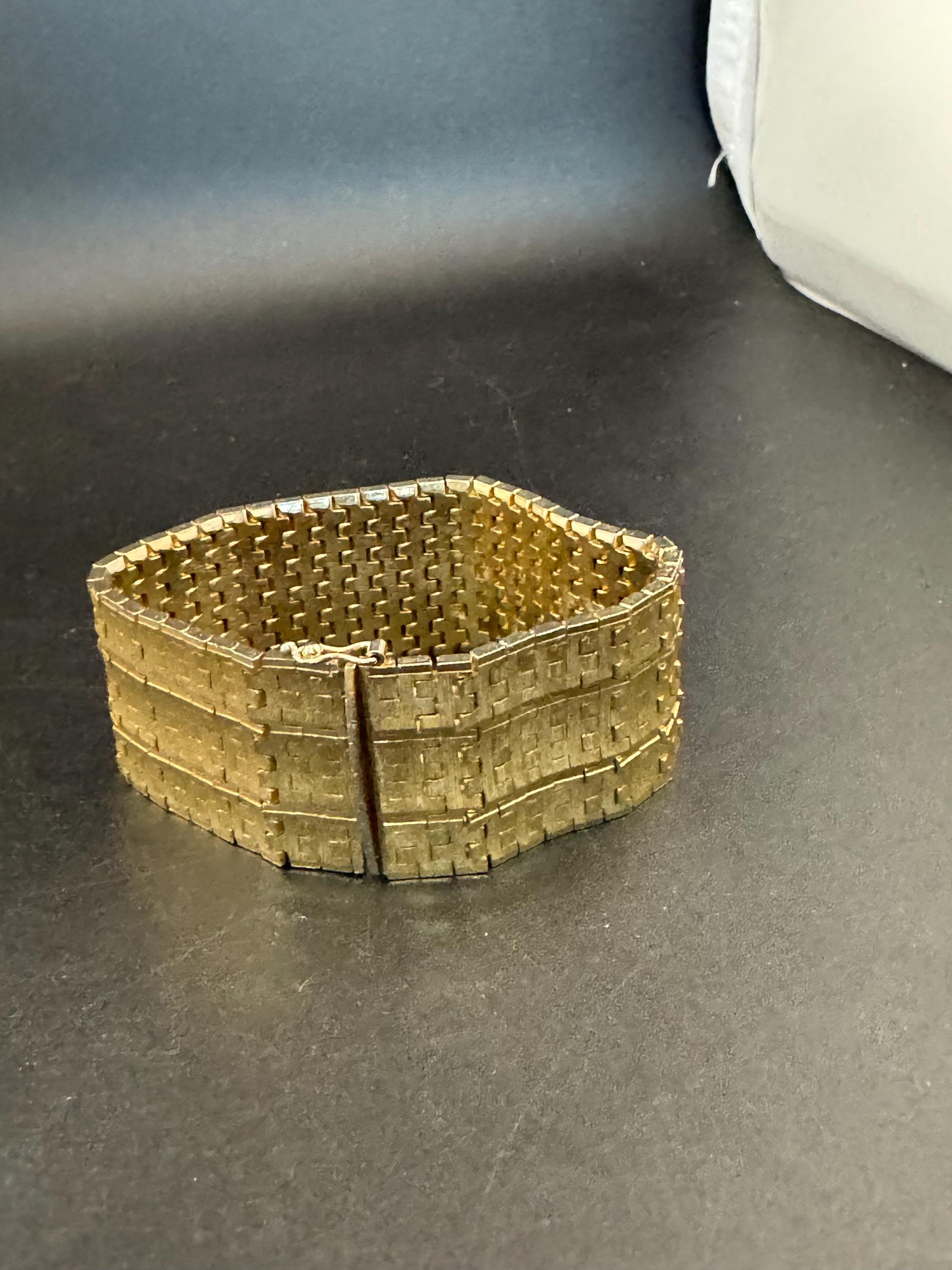 1970s 18k GP flat 28mm wide articulated cuff bracelet, Italian gold plated