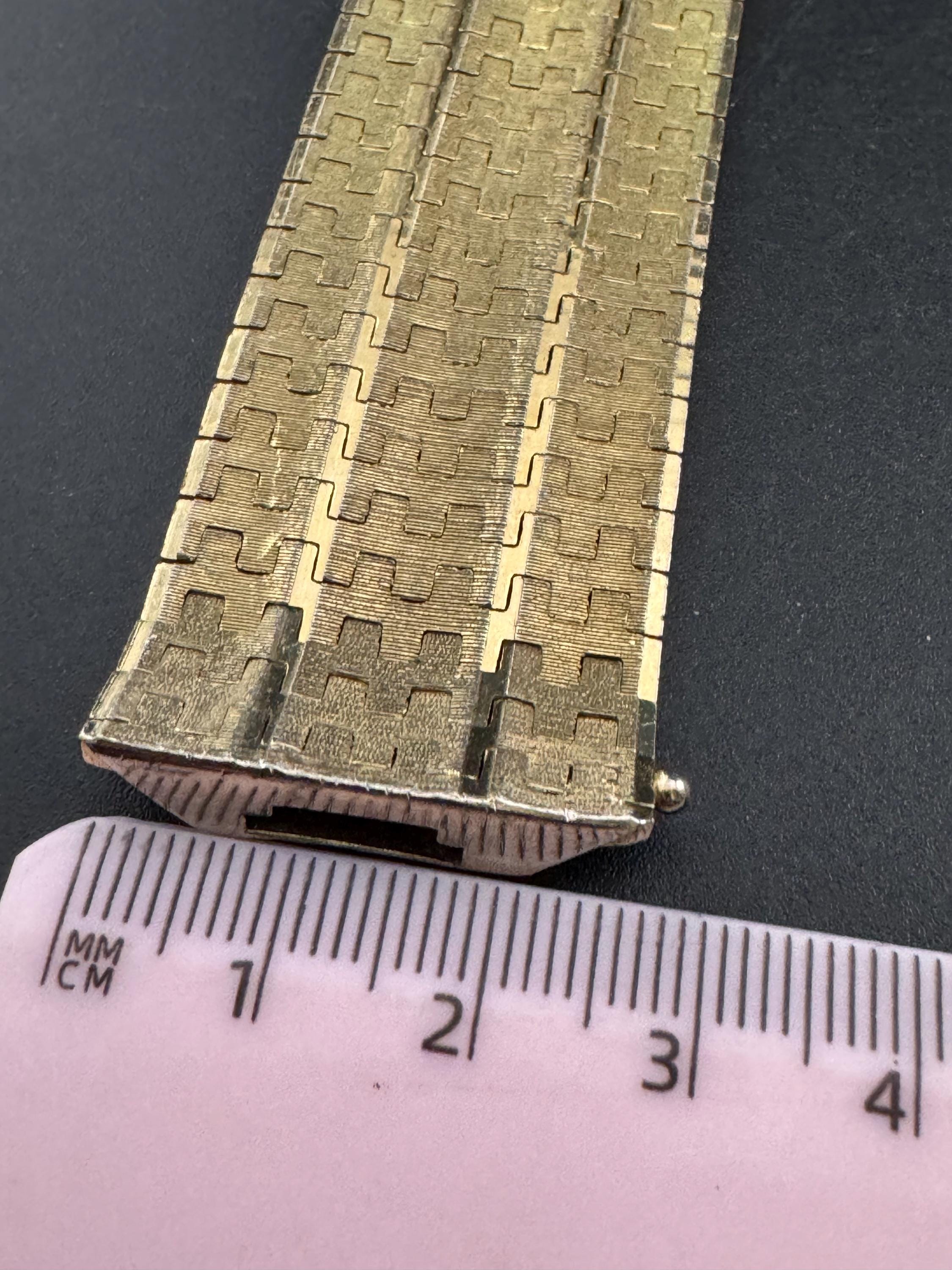 1970s 18k GP flat 28mm wide articulated cuff bracelet, Italian gold plated