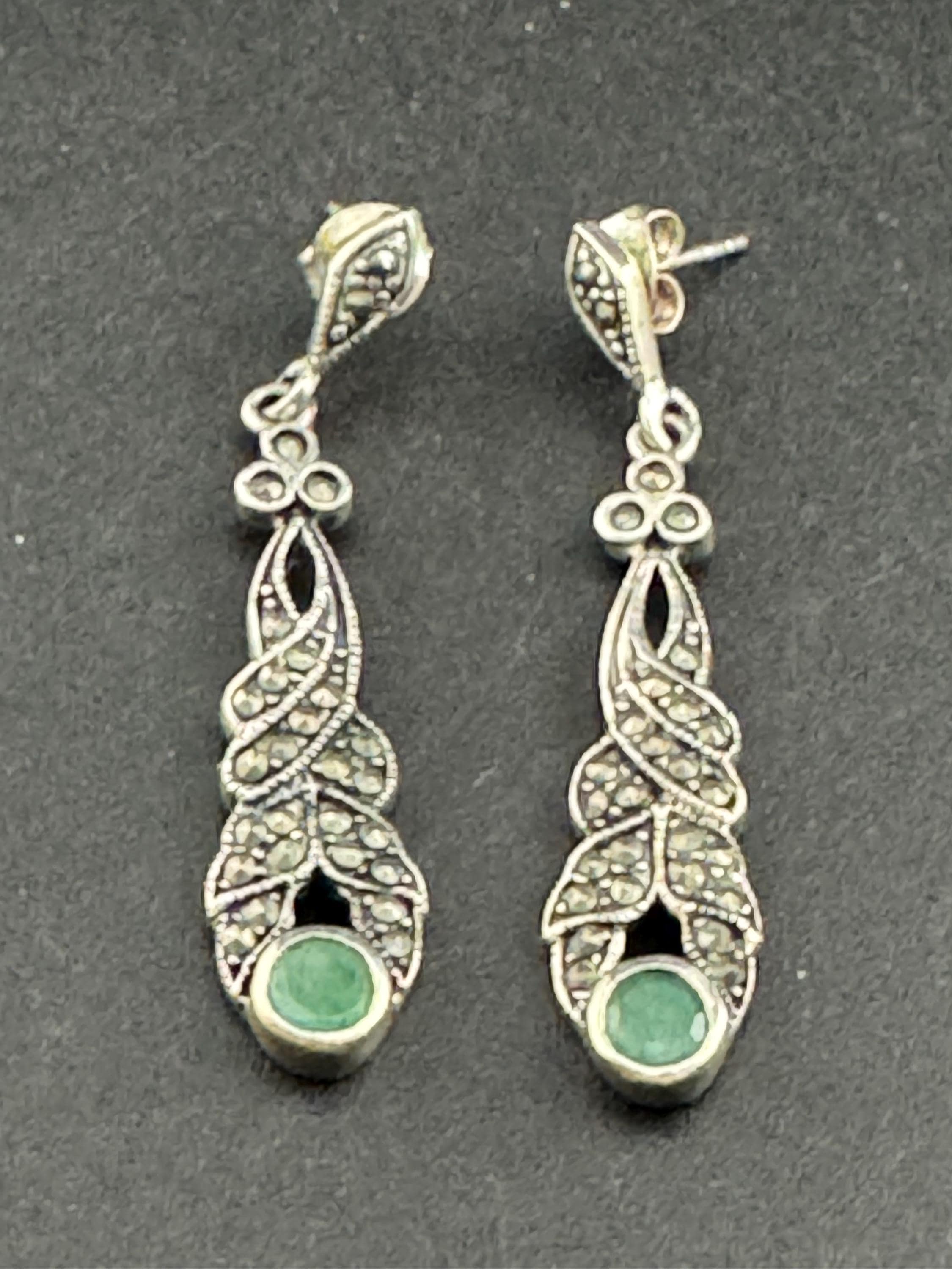925 Marcasite green gemstone pierced drop Earrings , sterling silver 5cm 7.1 gram