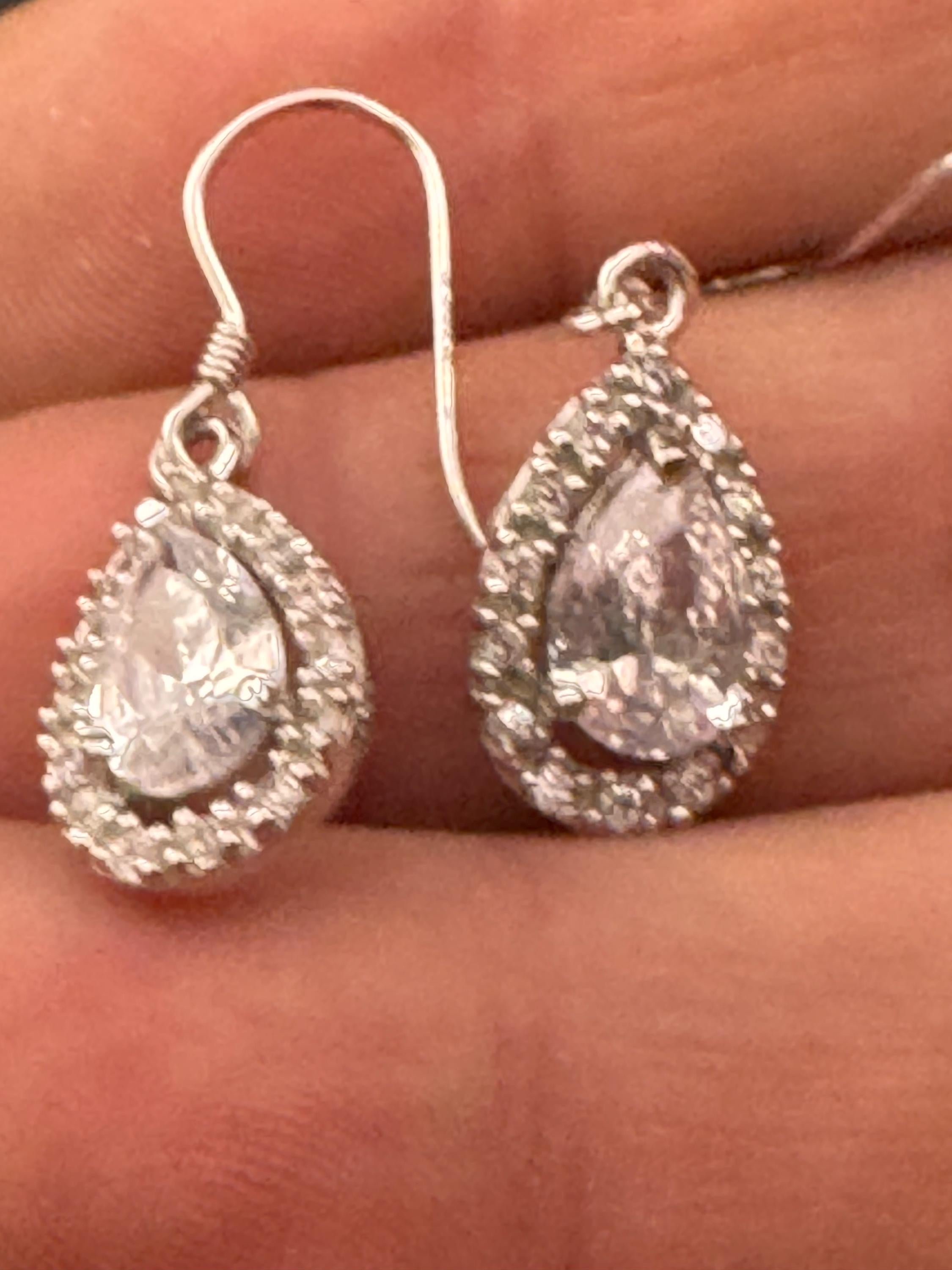 925 pierced drop Earrings, sterling silver set with clear diamanté gem stones