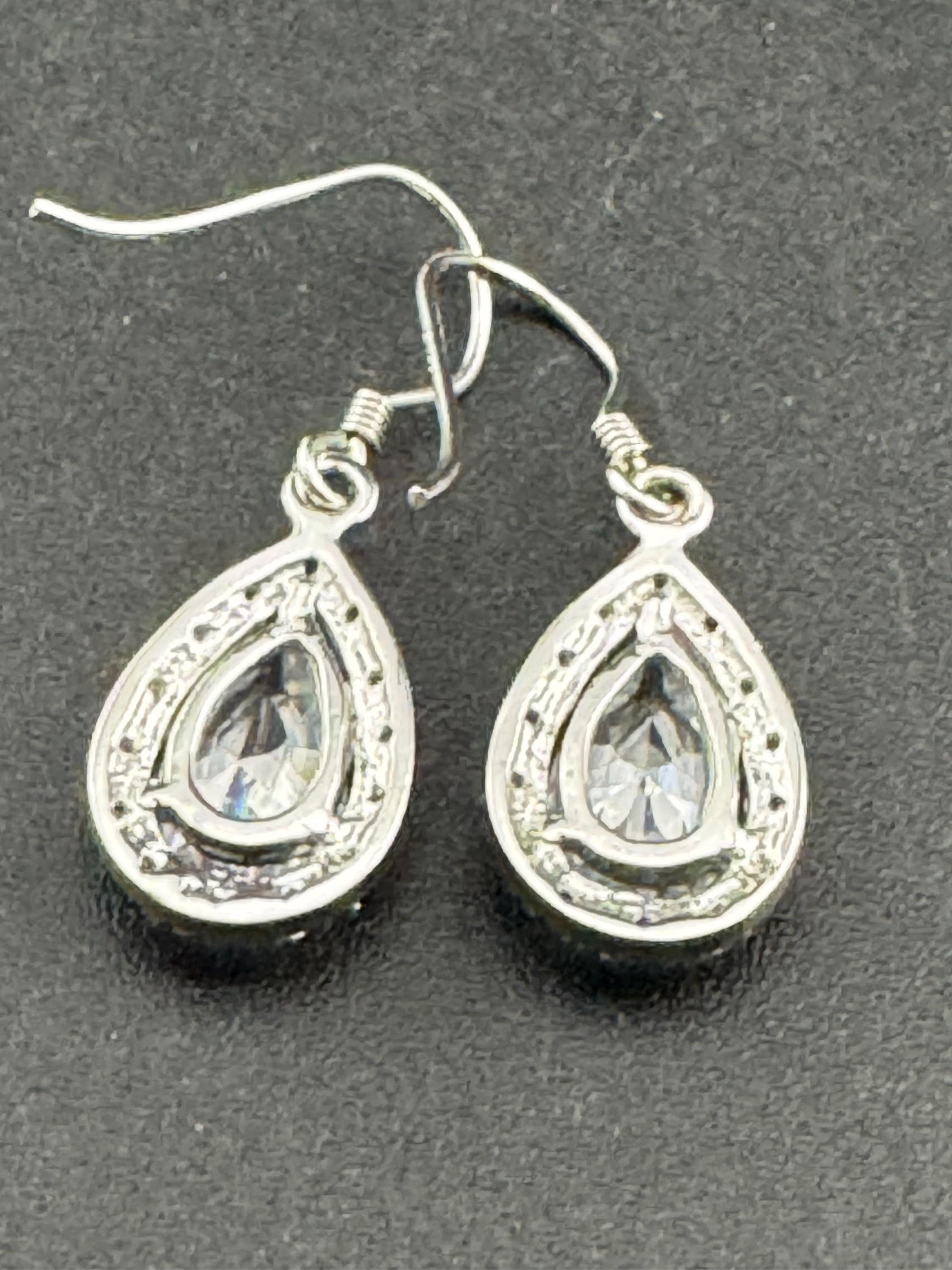 925 pierced drop Earrings, sterling silver set with clear diamanté gem stones
