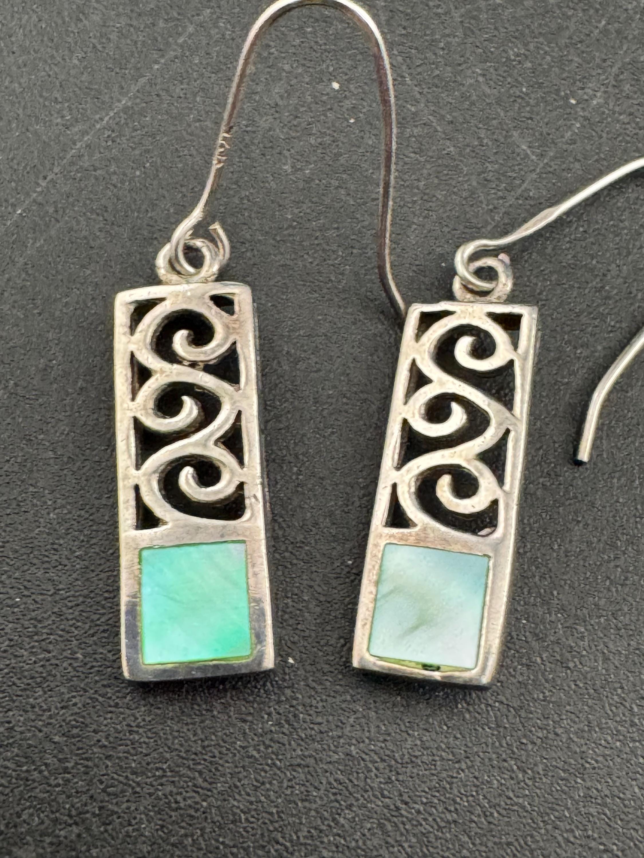 Vintage 925 rectangular drop Earrings with blue pearl , Art nouveau openwork