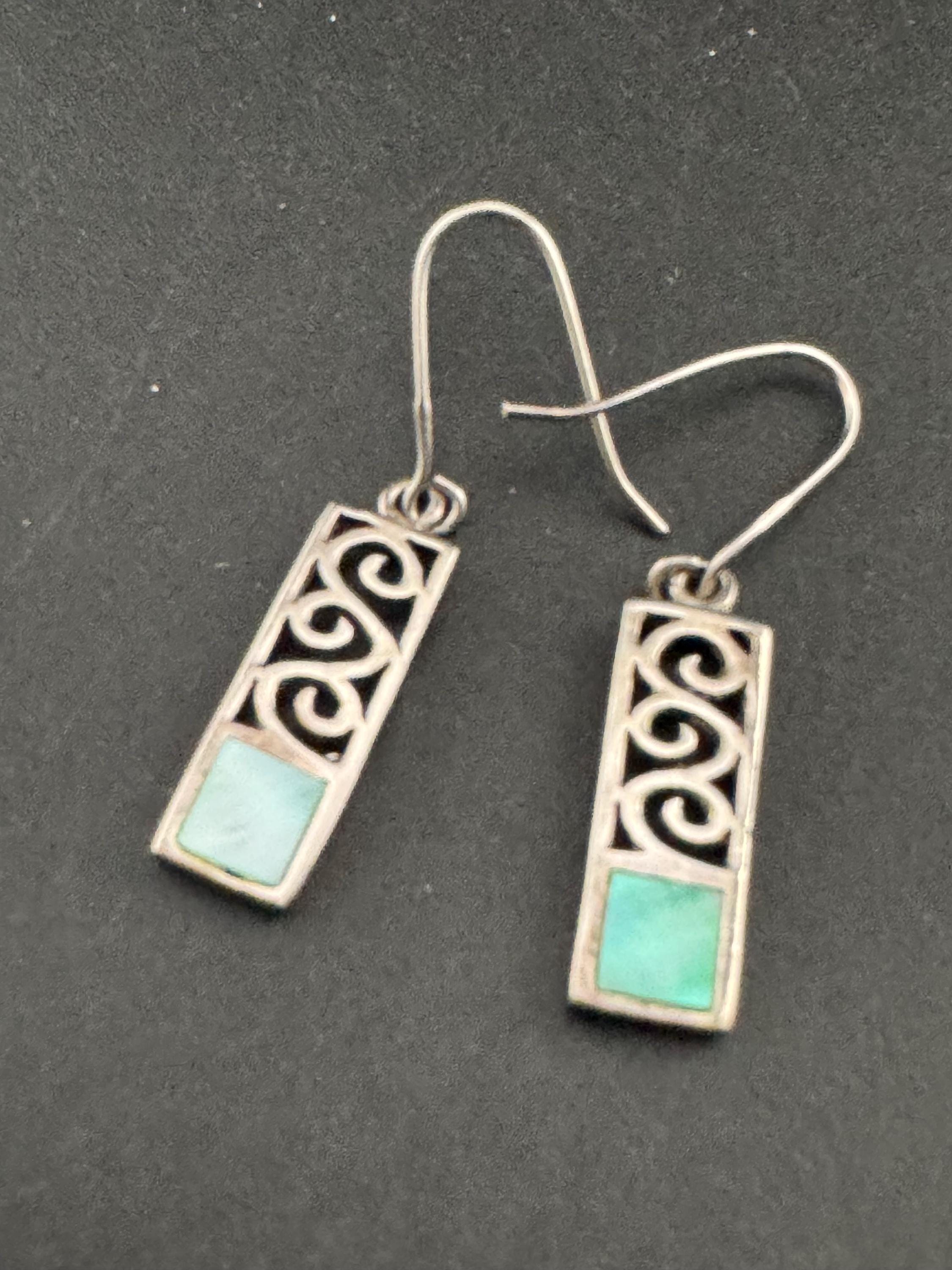 Vintage 925 rectangular drop Earrings with blue pearl , Art nouveau openwork