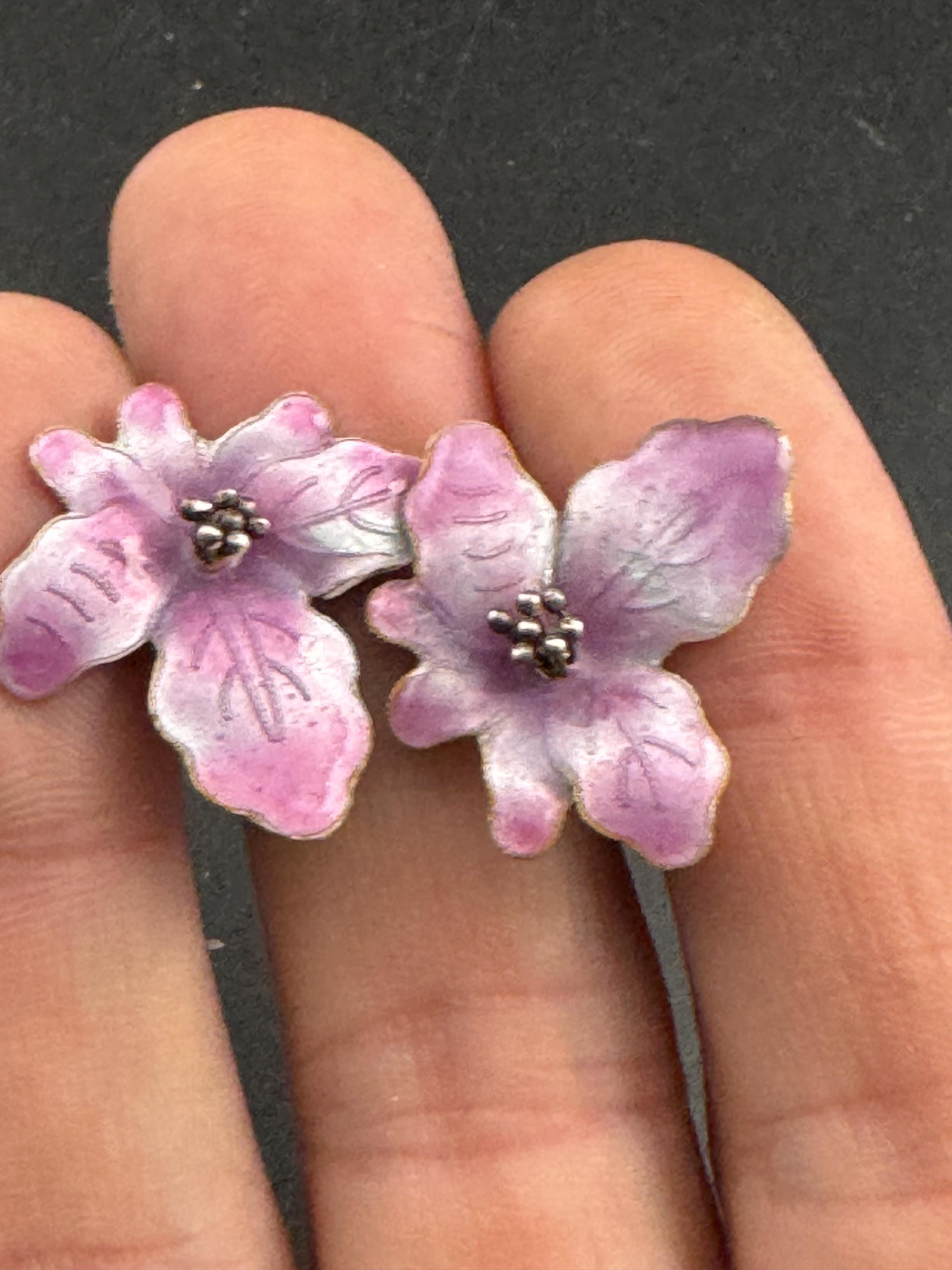 Purple lilac enamel 925 Sterling silver floral earrings