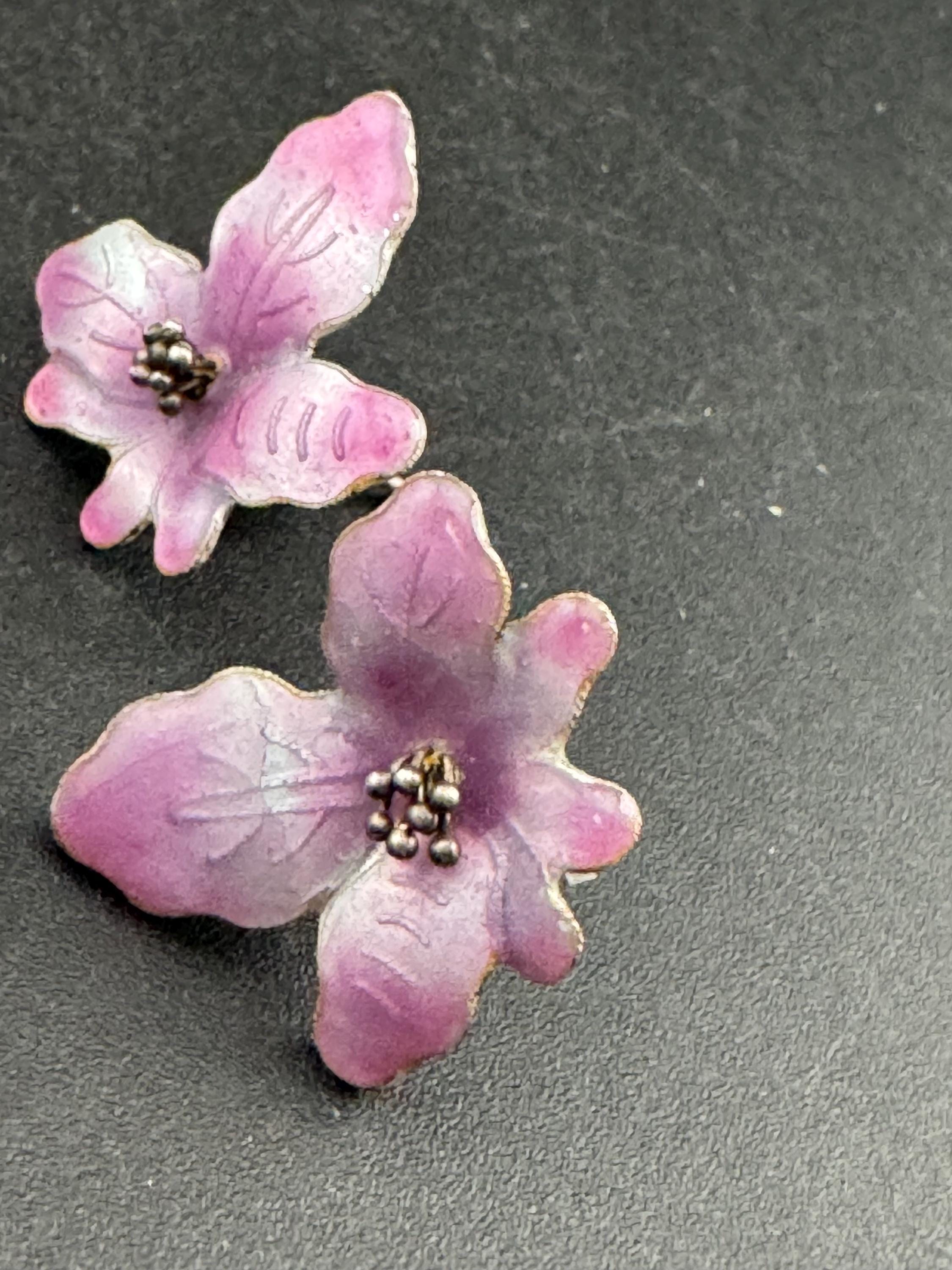 Purple lilac enamel 925 Sterling silver floral earrings