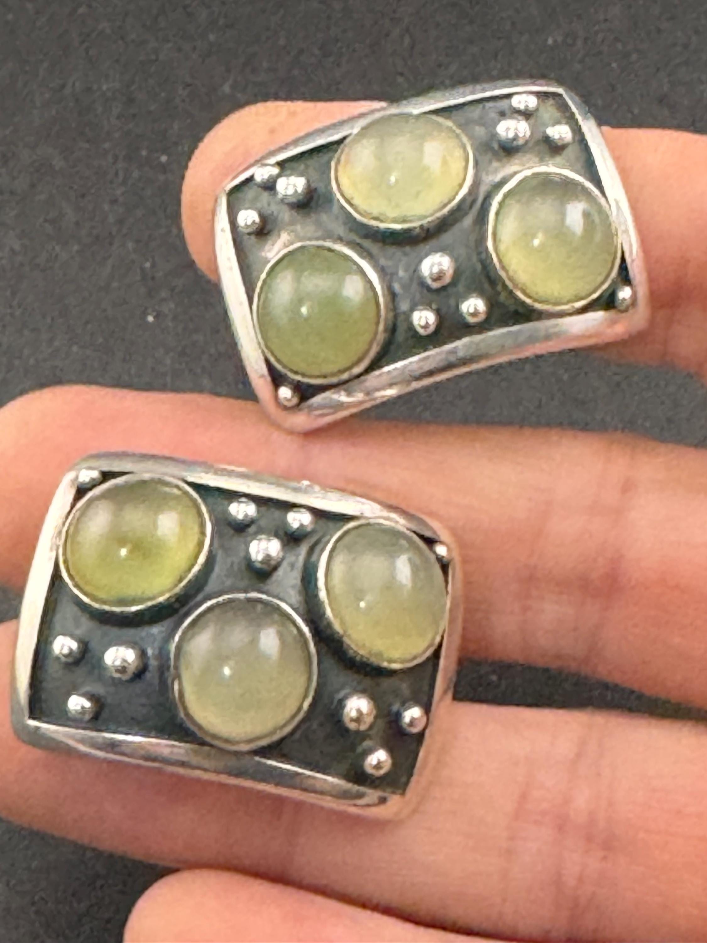 Oversized artisan rectangular pierced stud earrings, 925 sterling silver green gemstones