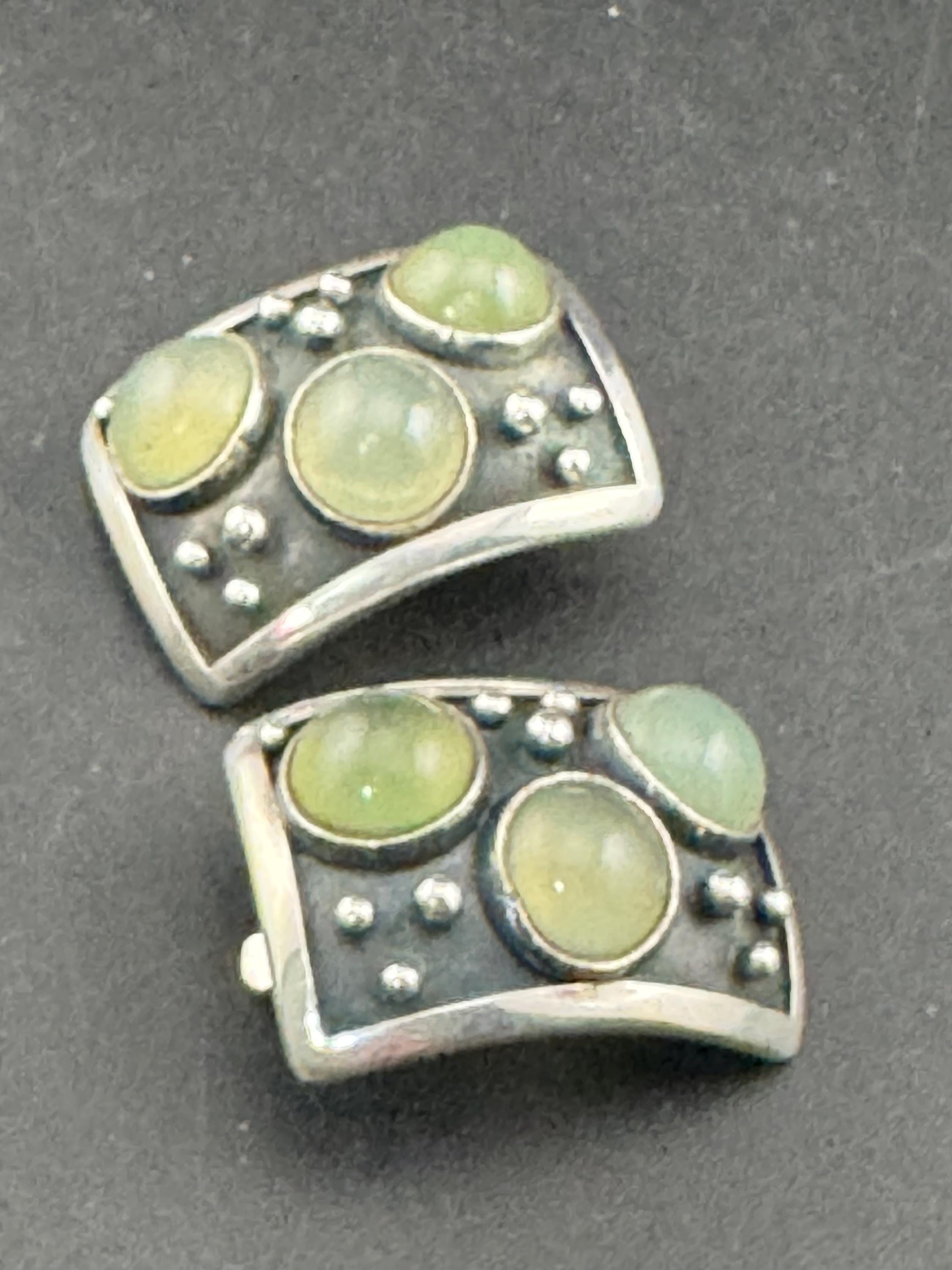 Oversized artisan rectangular pierced stud earrings, 925 sterling silver green gemstones