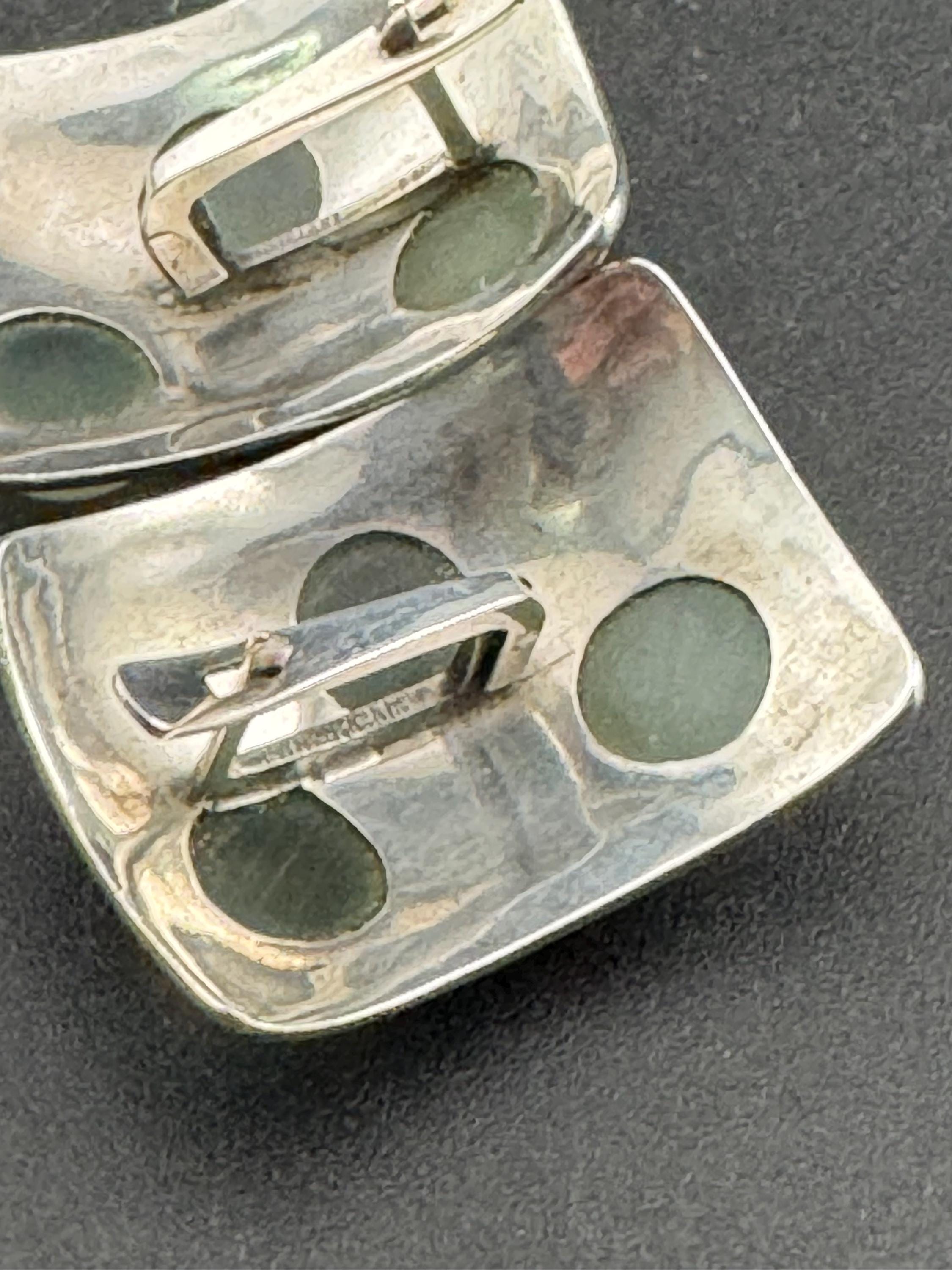 Oversized artisan rectangular pierced stud earrings, 925 sterling silver green gemstones