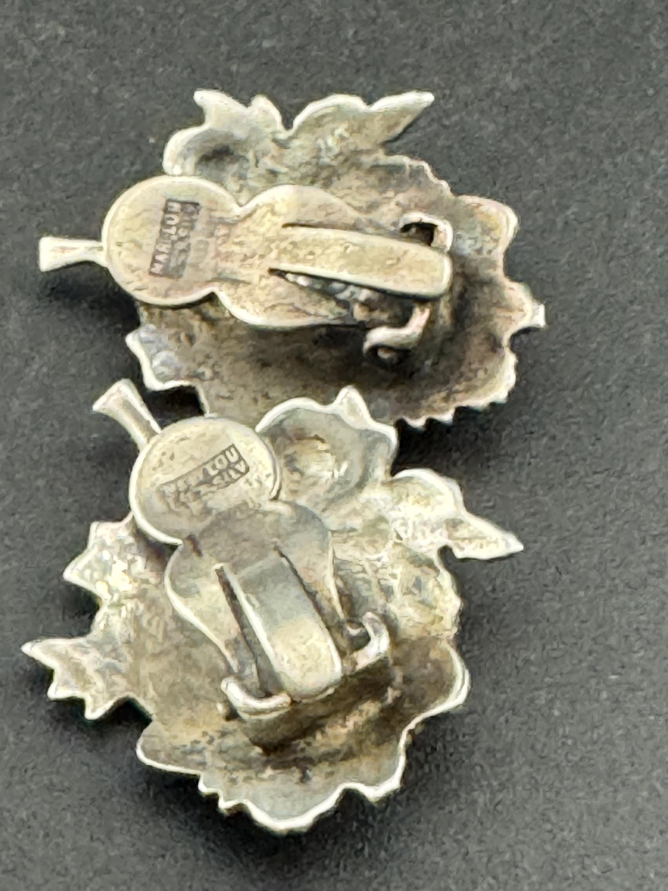 Vintage Mari Lou 925 floral rose earrings, sterling silver clip on studs