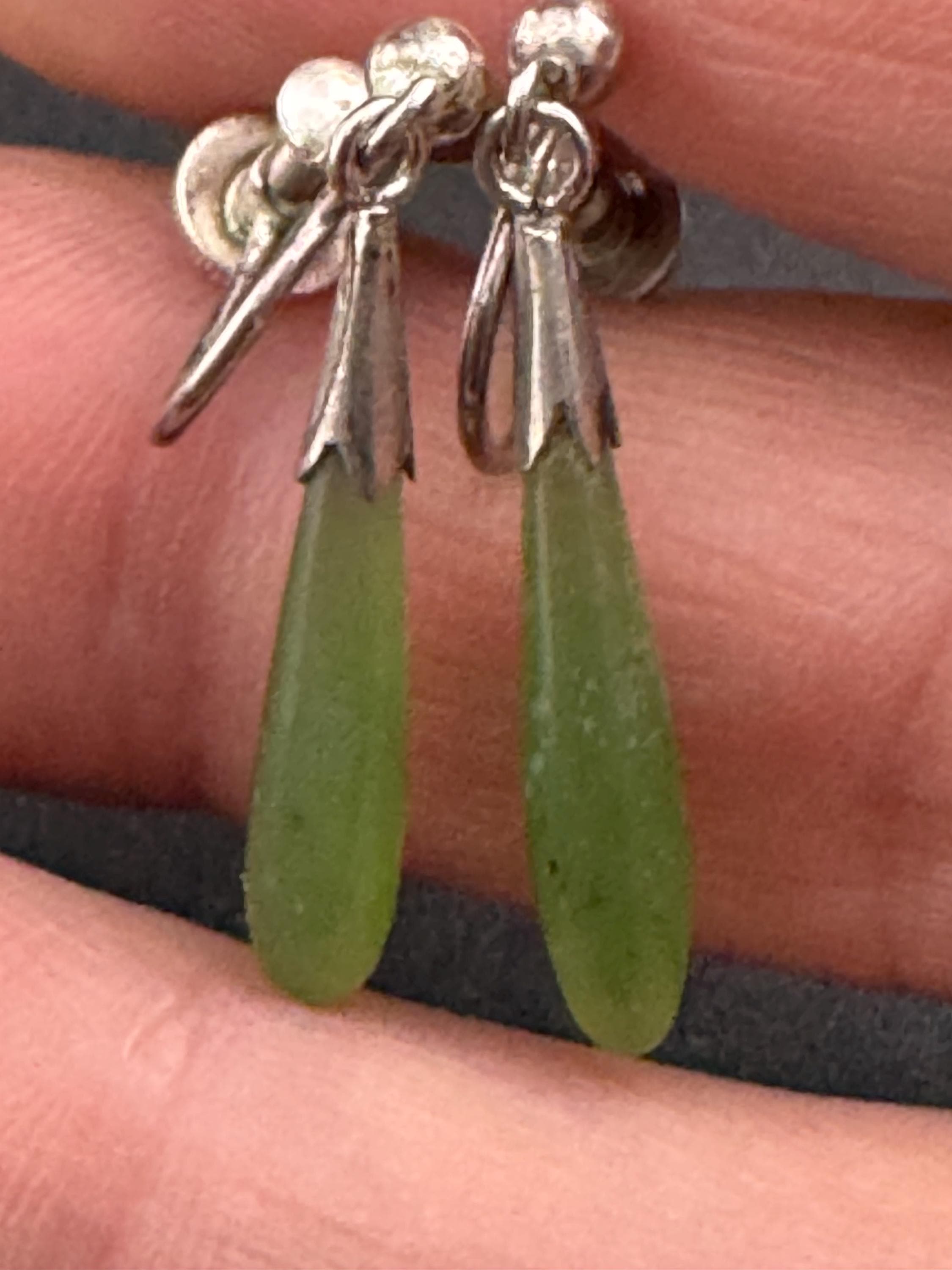 Antique green jade Teardrop Earrings: 1920s Screw Back Clip-Ons