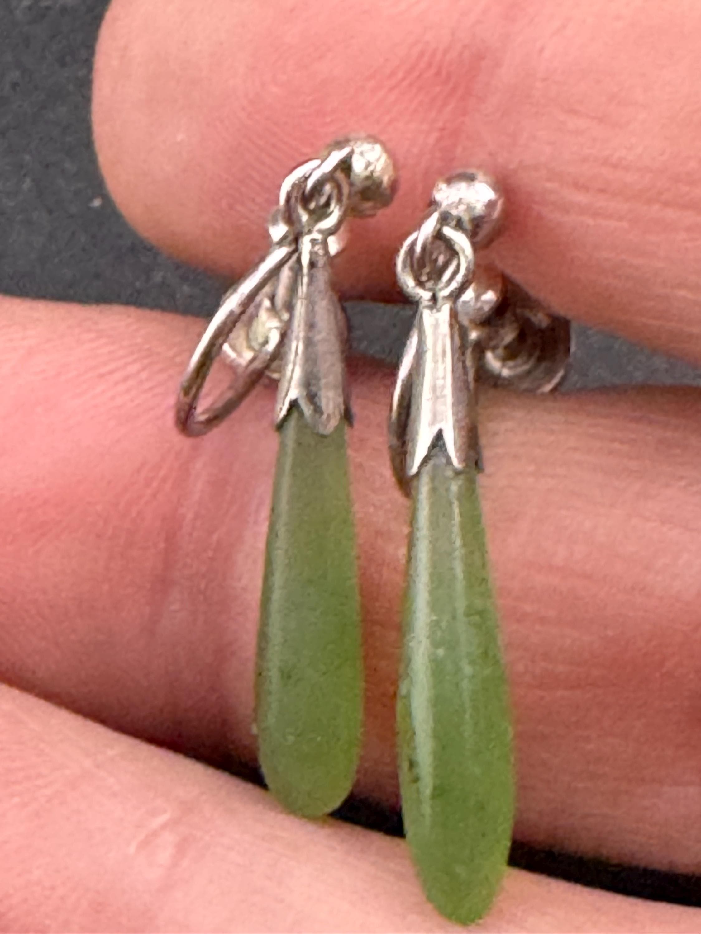 Antique green jade Teardrop Earrings: 1920s Screw Back Clip-Ons