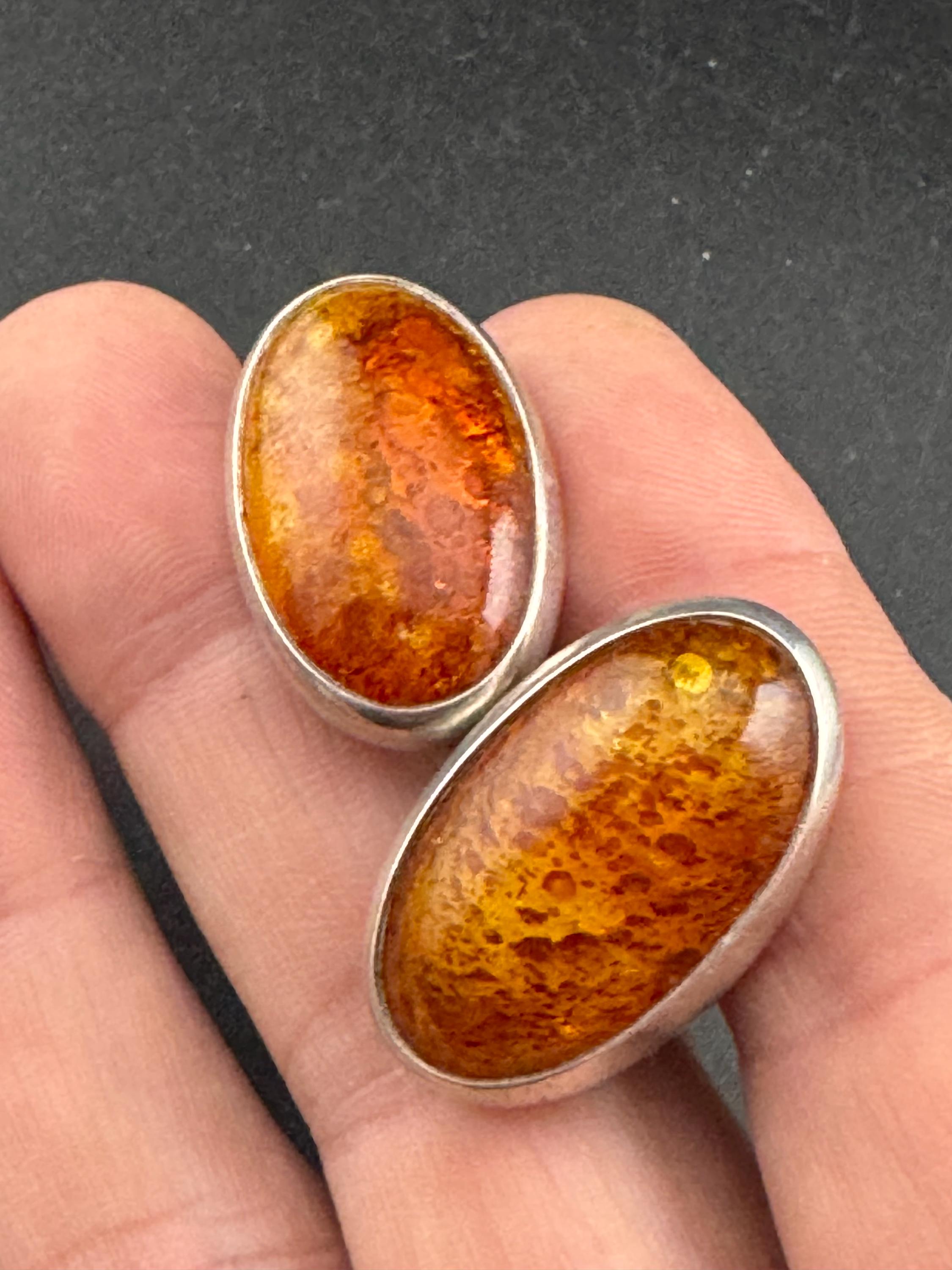 Vintage silver modernist amber gemstone oval clip on earrings, 3cm