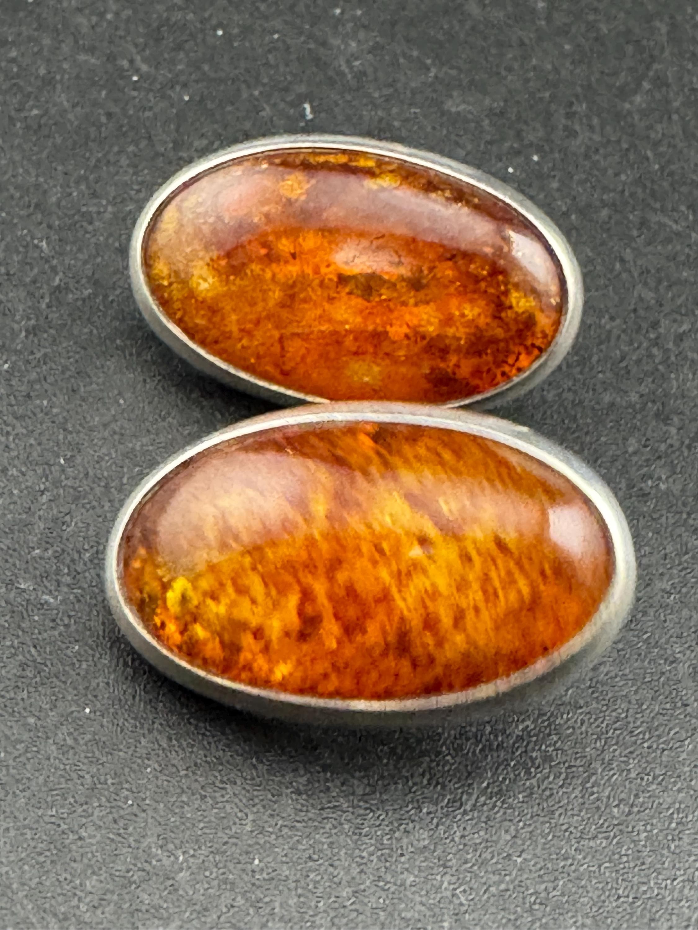 Vintage silver modernist amber gemstone oval clip on earrings, 3cm