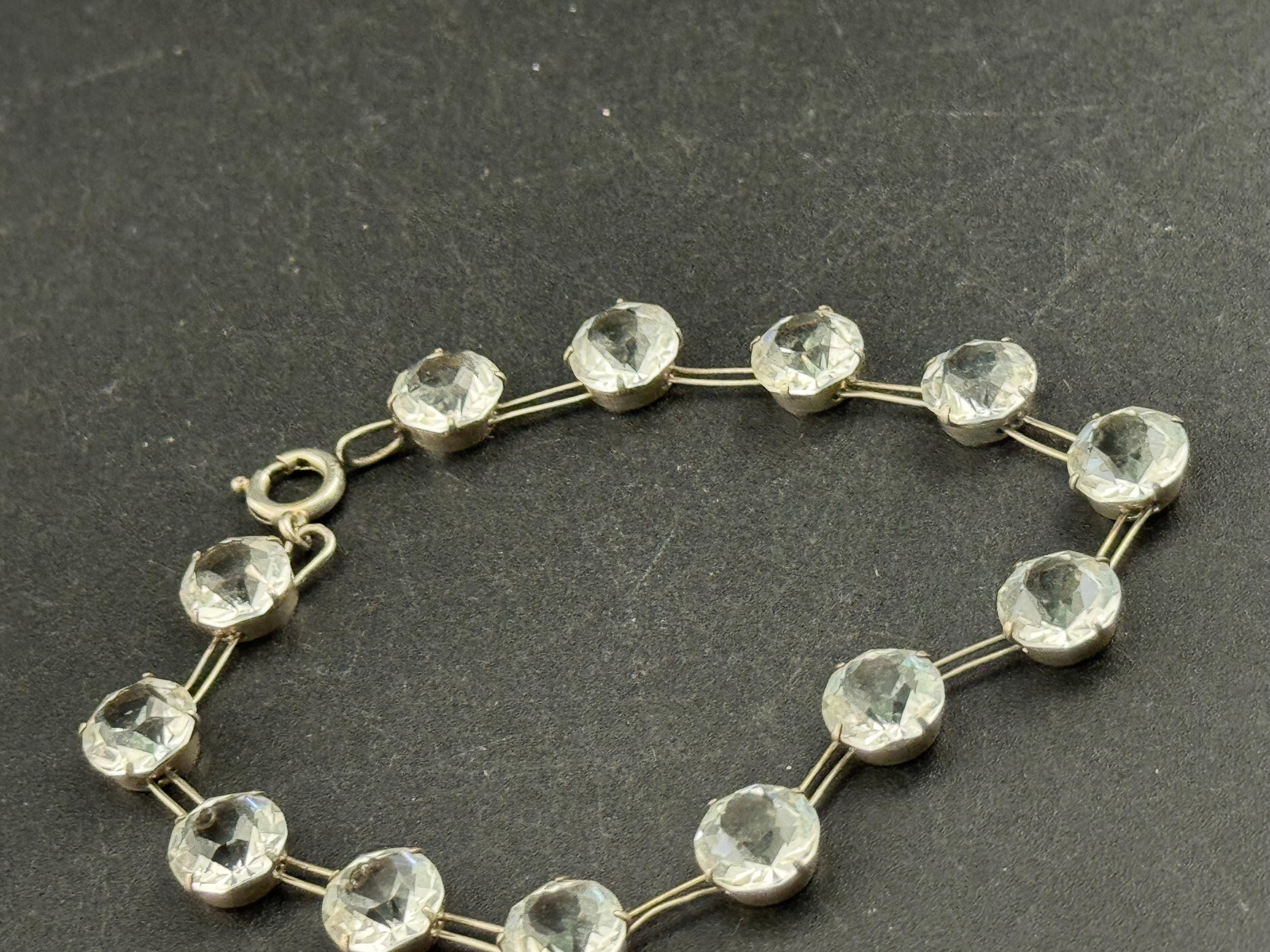 Antique open back crystal Art Deco Bracelet: clear rivière 925 silver