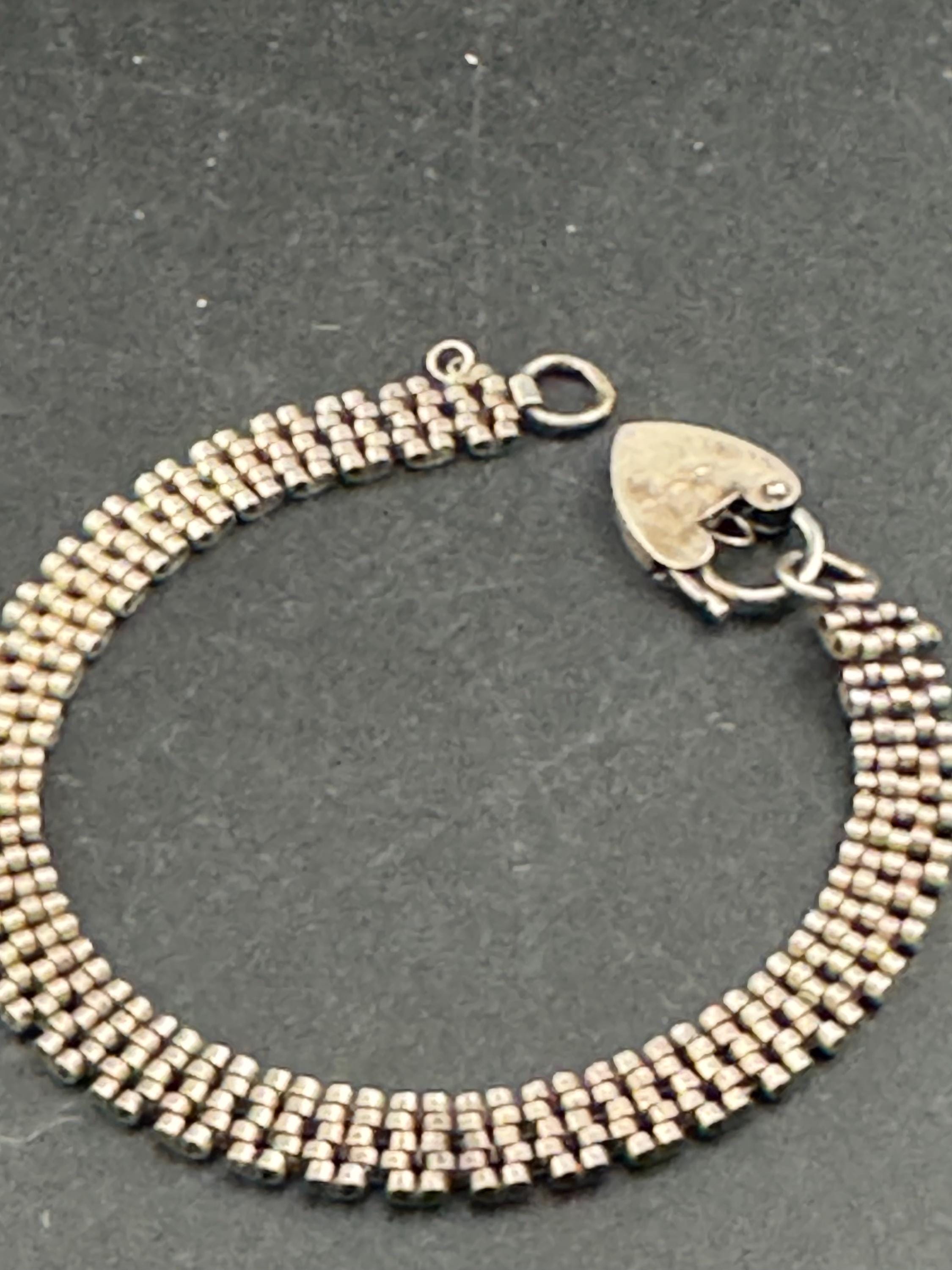 Petite wrist Vintage 925 sterling silver woven bracelet, heart padlock.
