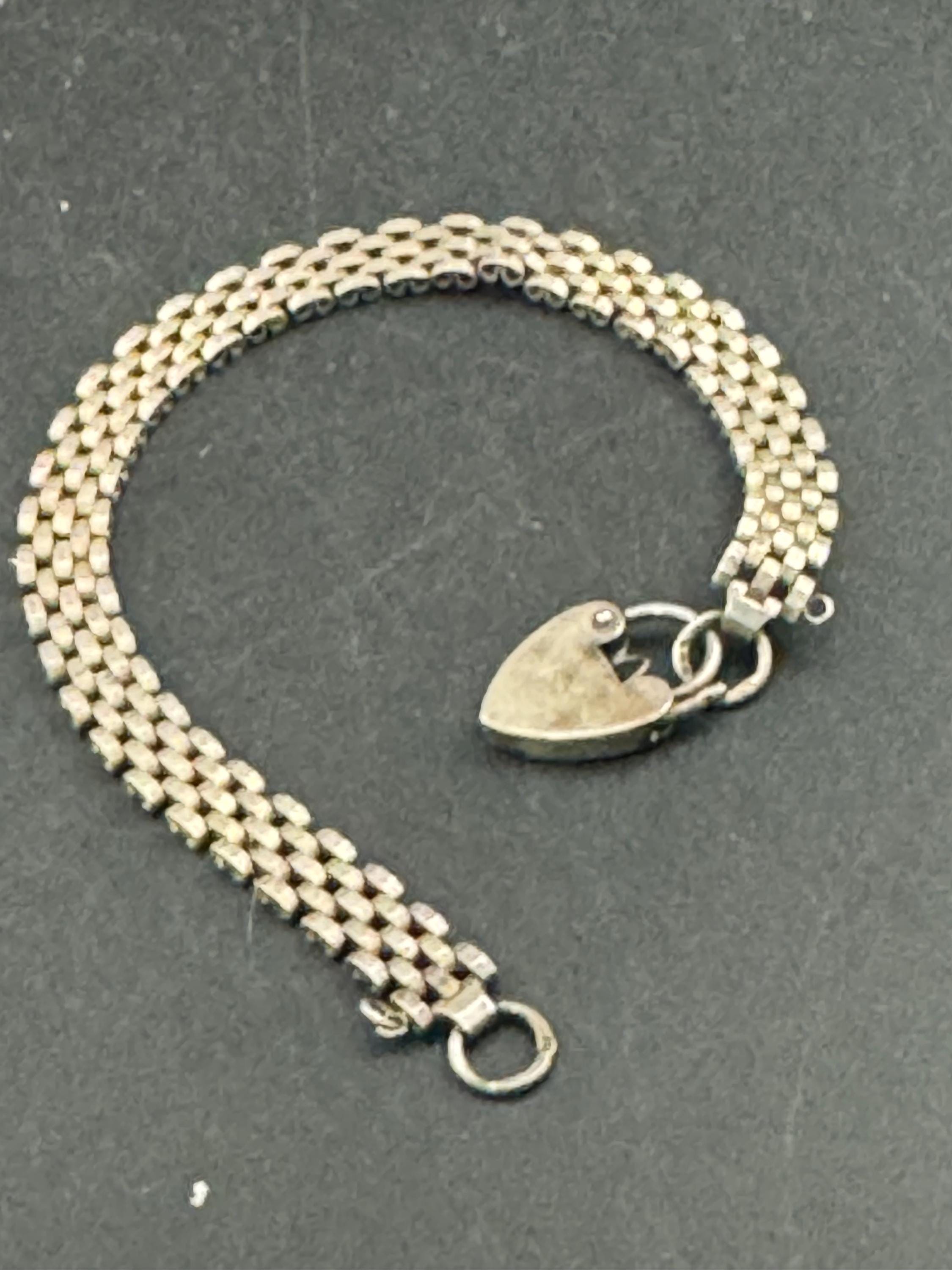 Petite wrist Vintage 925 sterling silver woven bracelet, heart padlock.