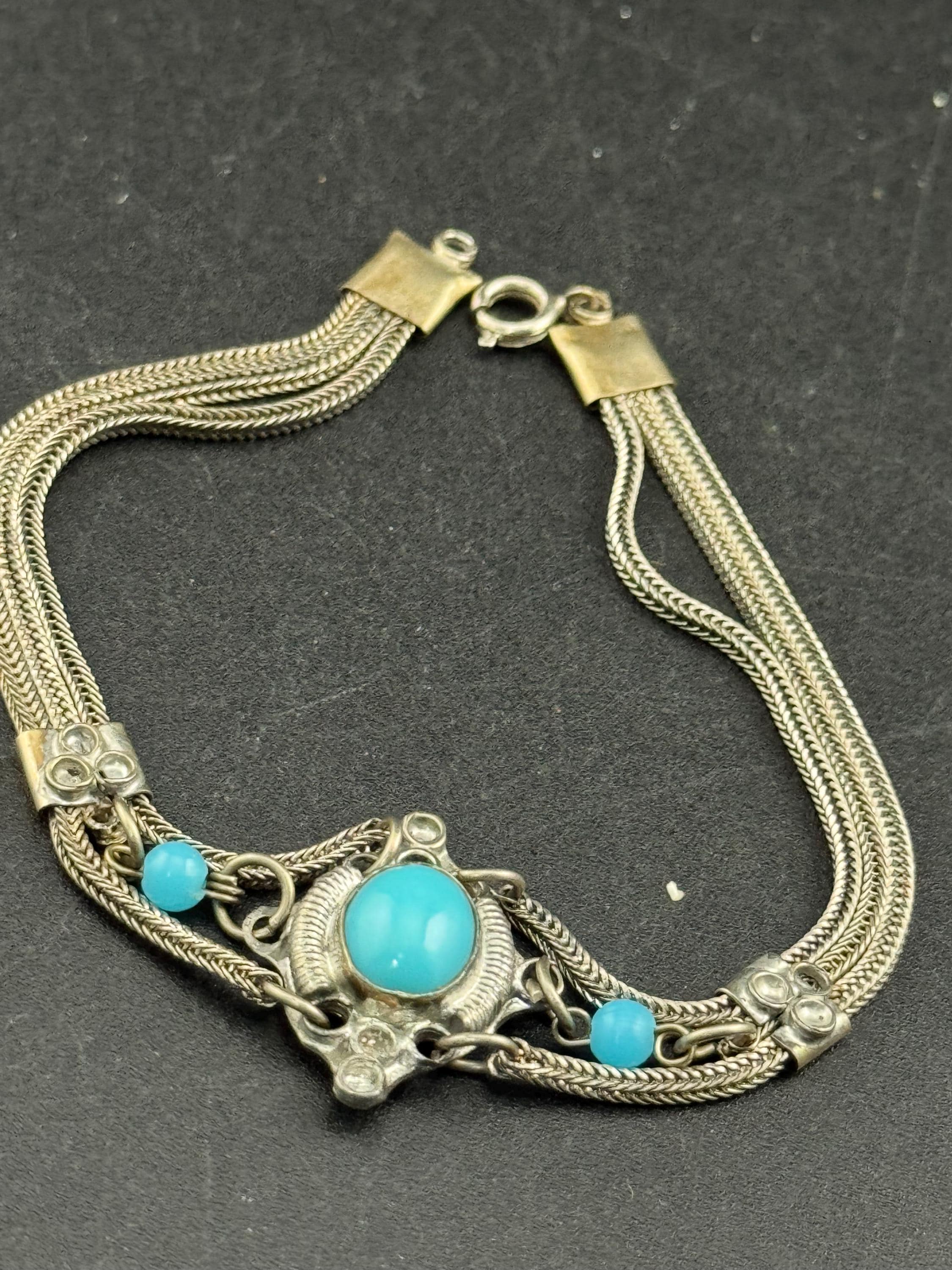 Vintage Indian 925 Silver Turquoise acrylic cabochon woven bracelet
