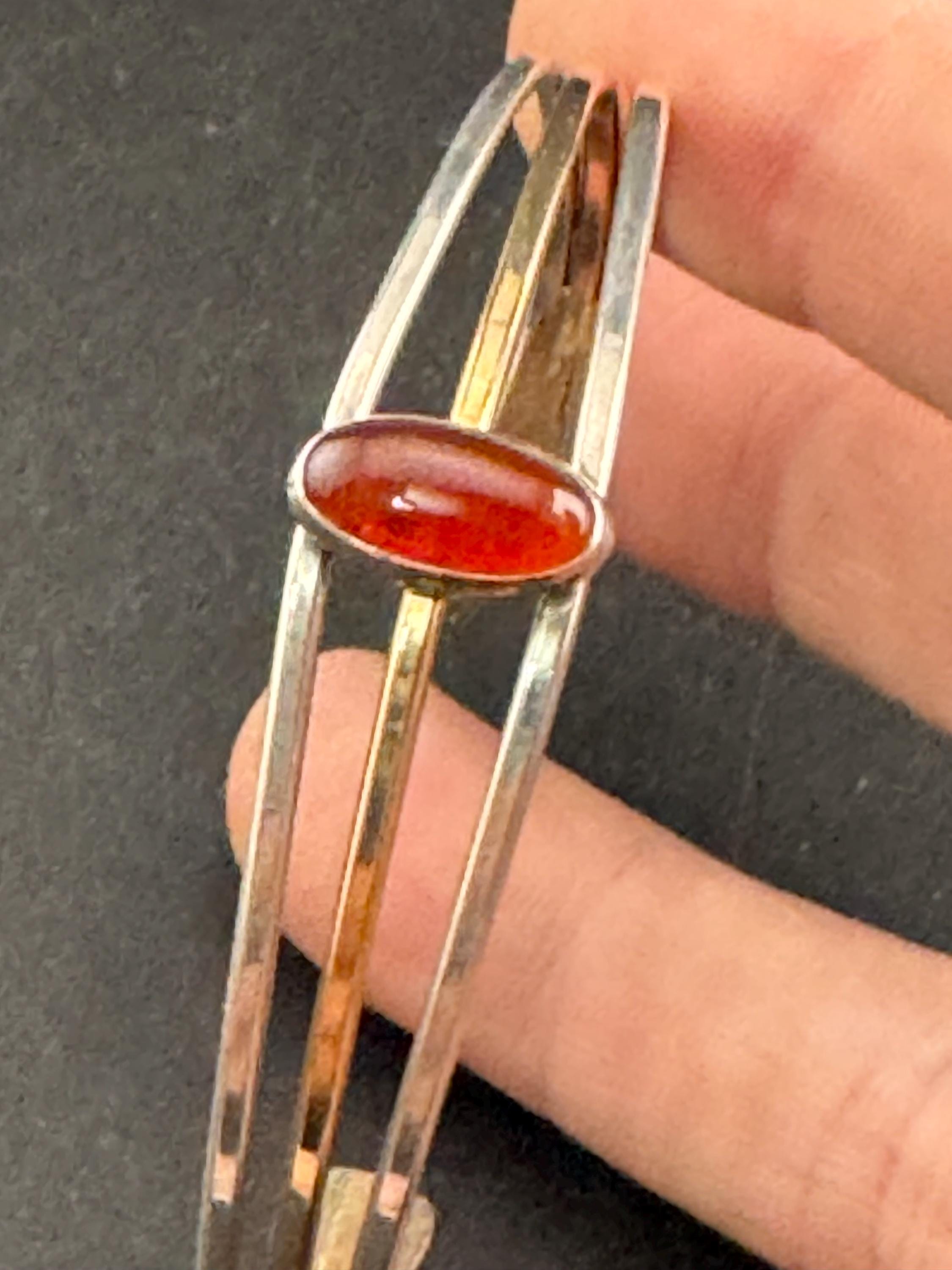 925 Sterling silver minimalist carnelian open bangle bracelet , gold  vermeil