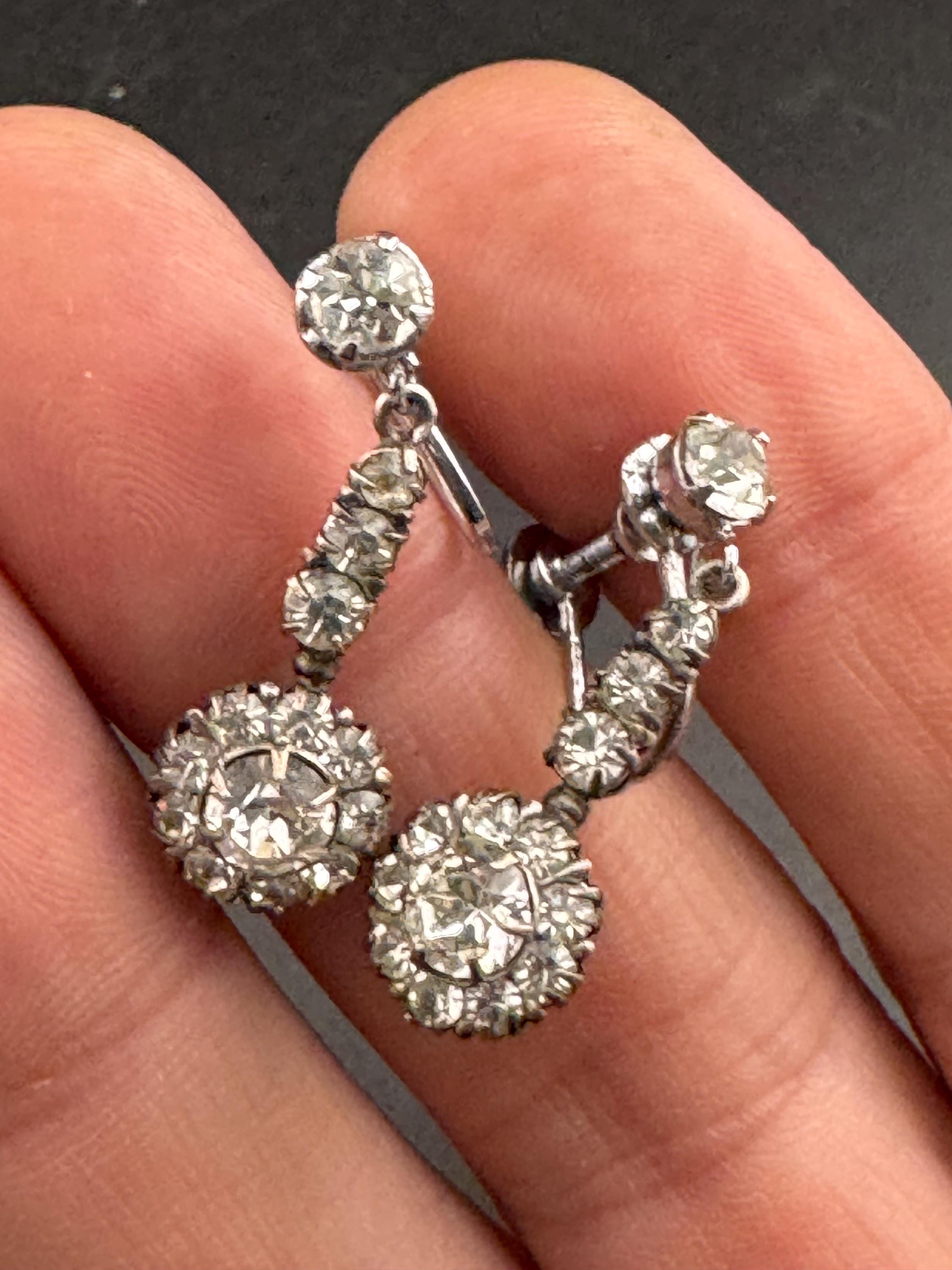 Vintage Sterling Art Deco clear paste screw back Earrings, silver clip ons