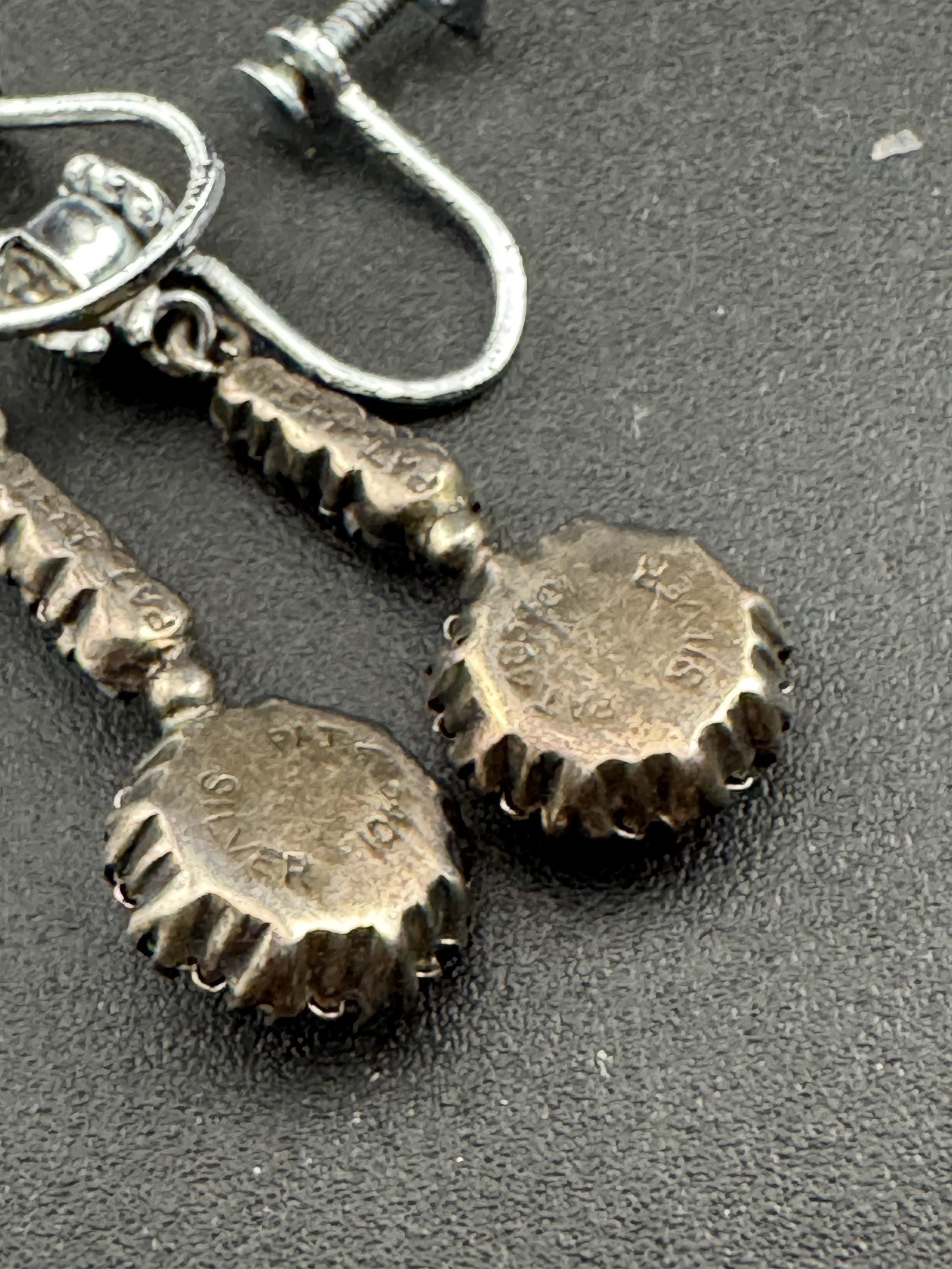 Vintage Sterling Art Deco clear paste screw back Earrings, silver clip ons