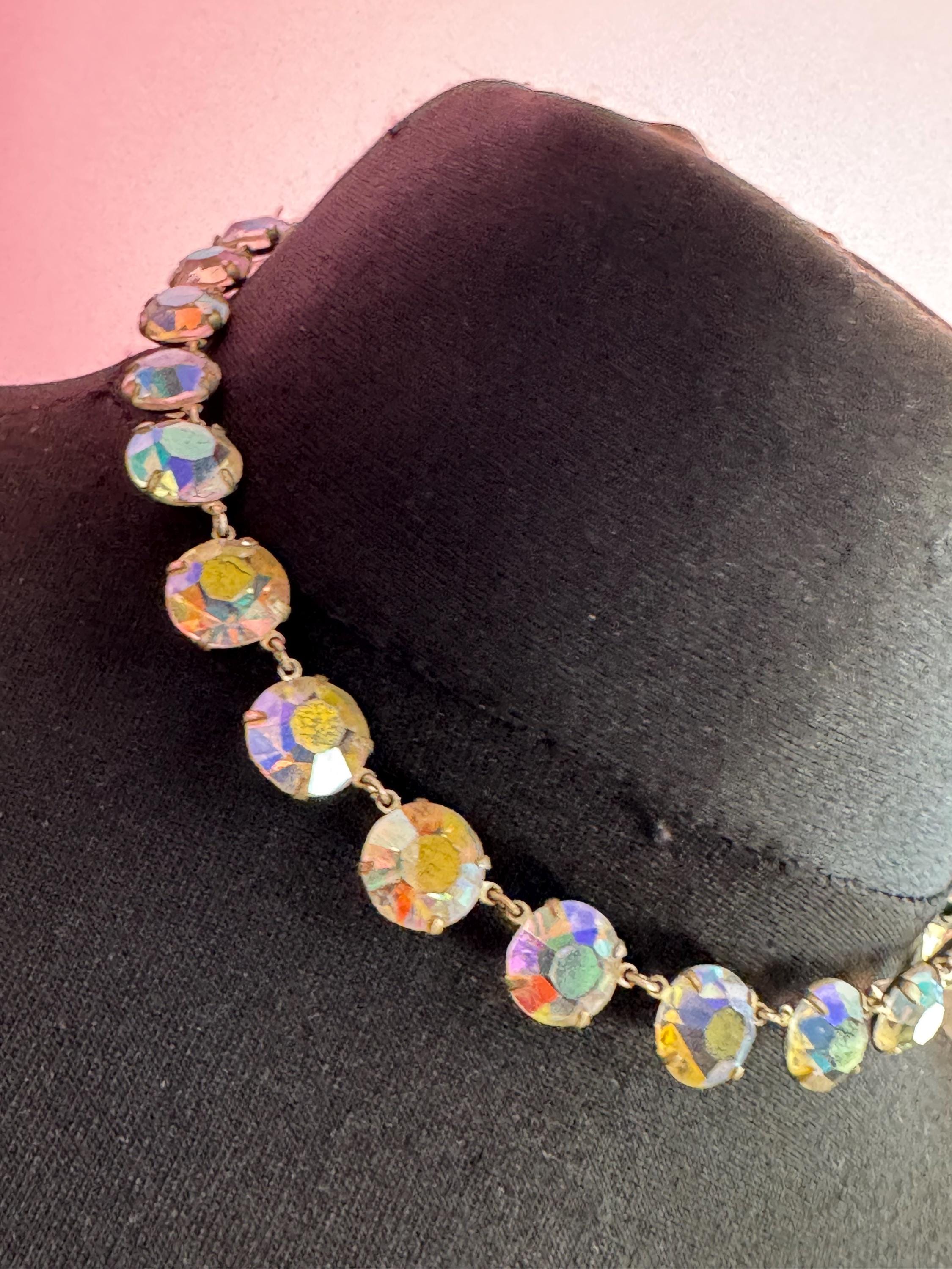 Vintage Aurora Borealis Glass Necklace: Rainbow Crystal Rivère, 1950s