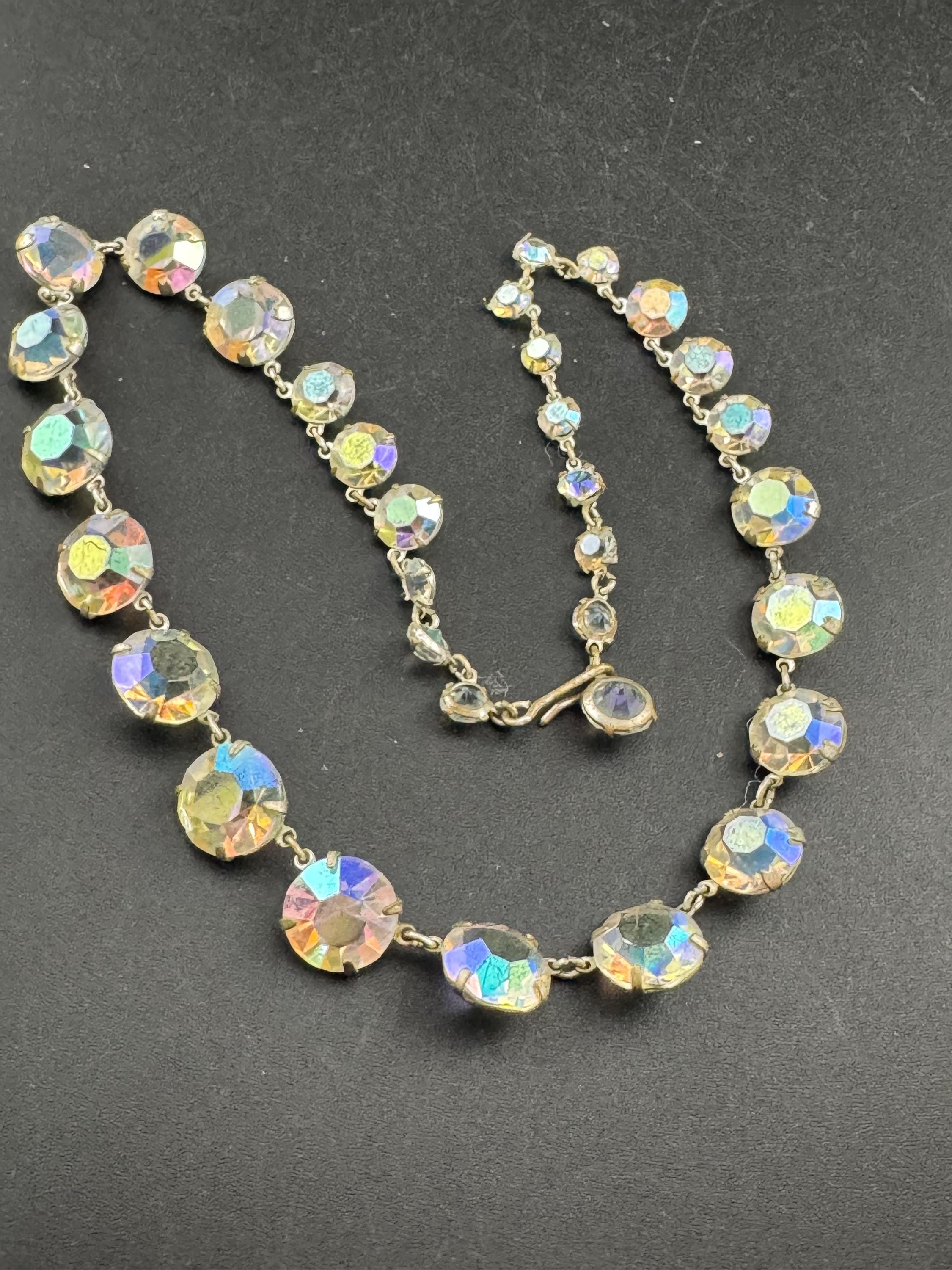 Vintage Aurora Borealis Glass Necklace: Rainbow Crystal Rivère, 1950s
