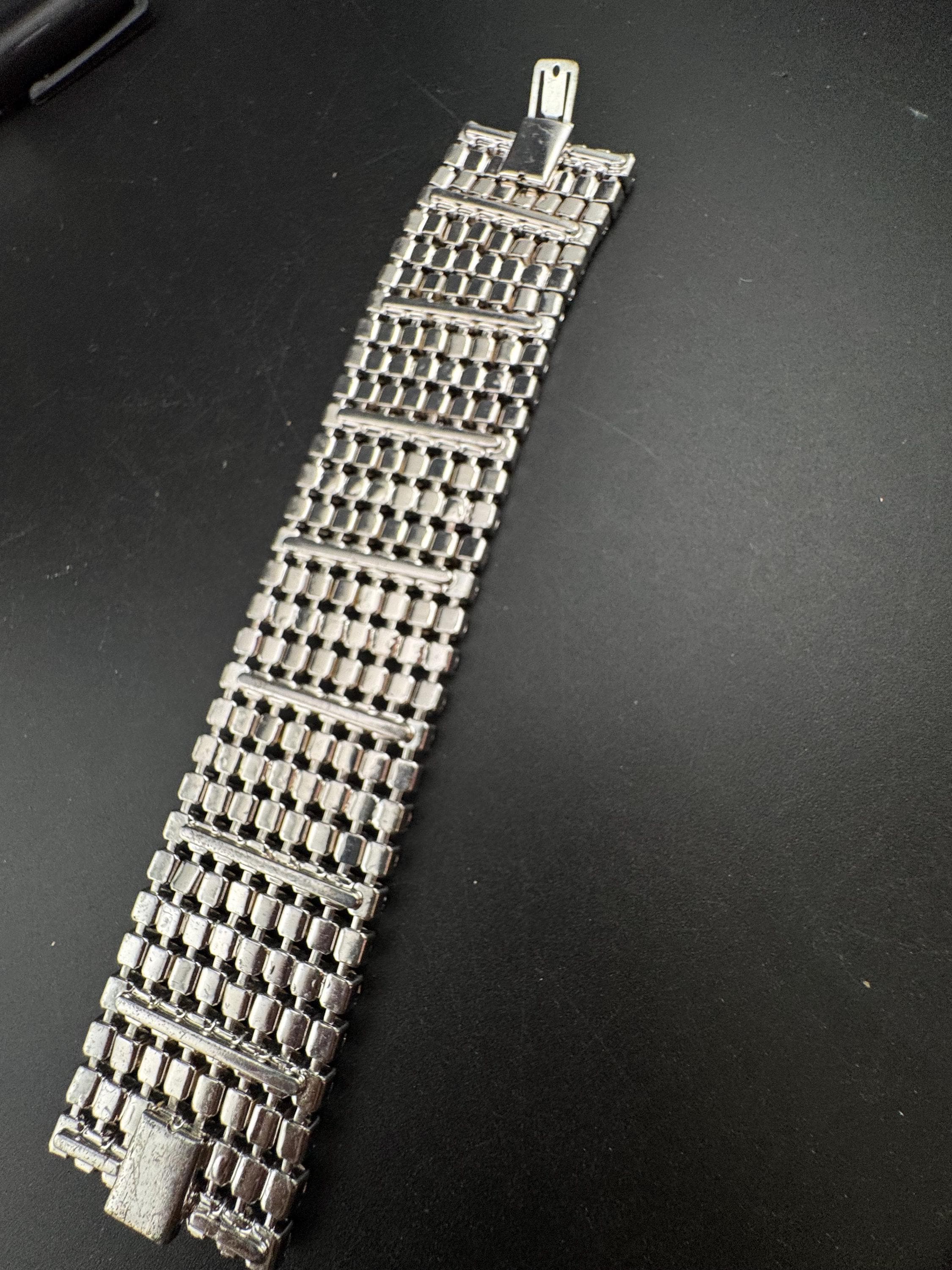 Vintage wide black and clear rhinestone bracelet, monochrome