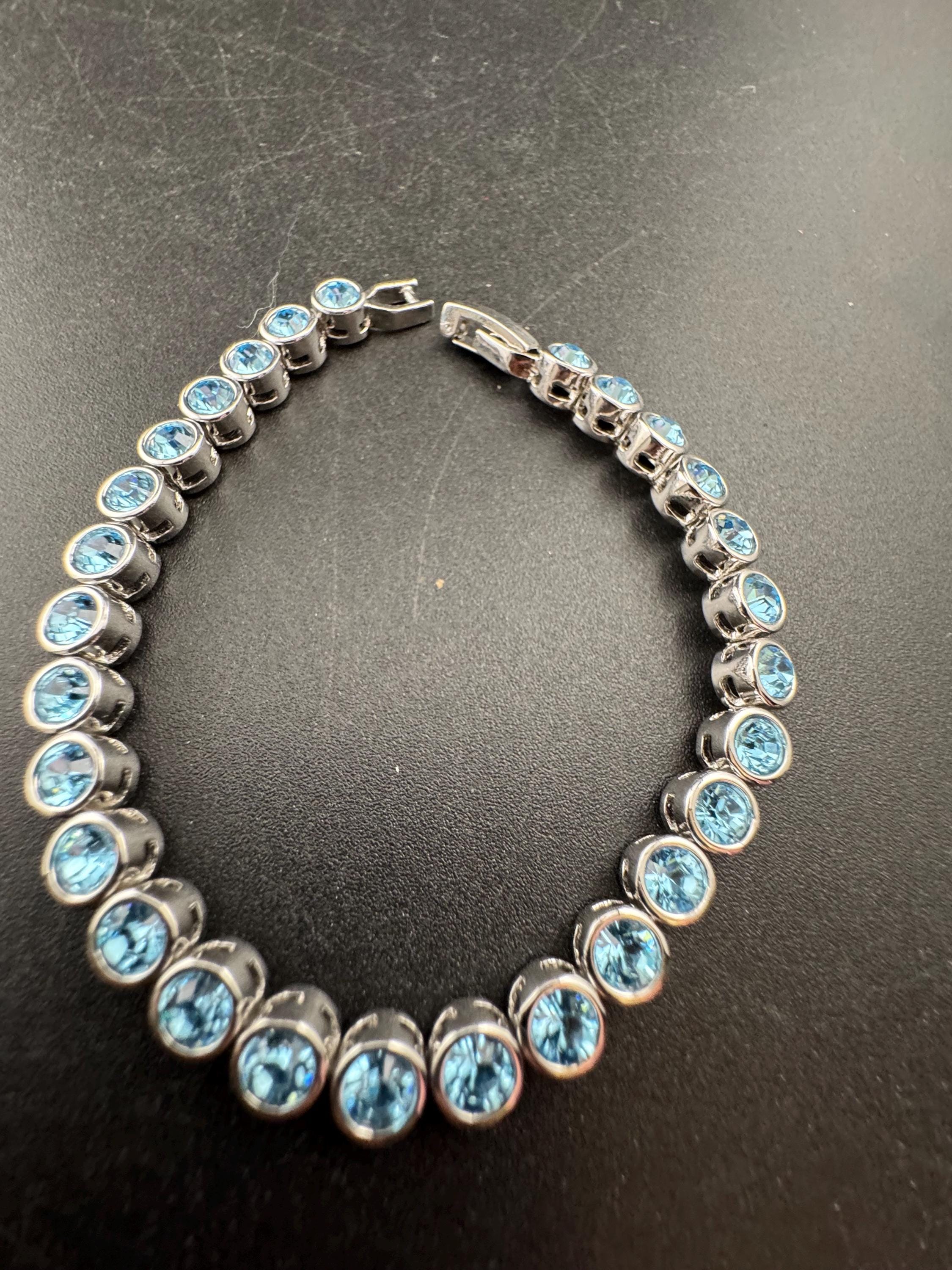 Vintage light Sapphire blue diamanté Crystal tennis bracelet, bezel fitting