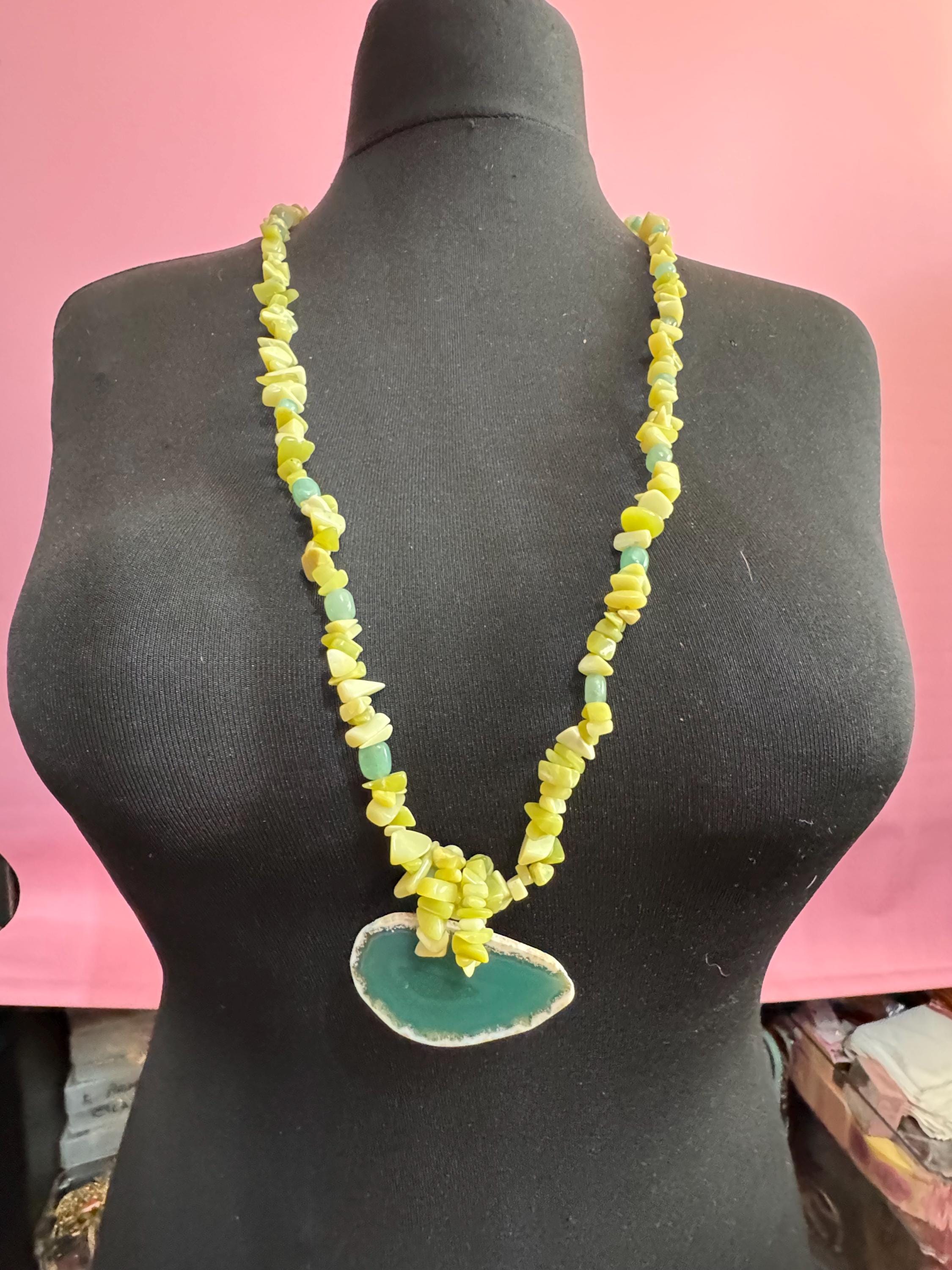Green Agate slice long beaded gemstone Necklace: 925 Silver Clasp