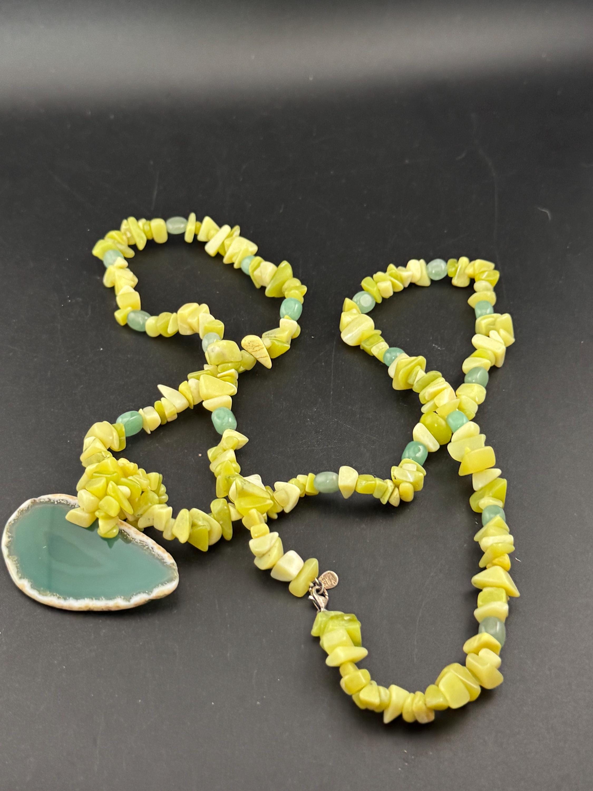 Green Agate slice long beaded gemstone Necklace: 925 Silver Clasp