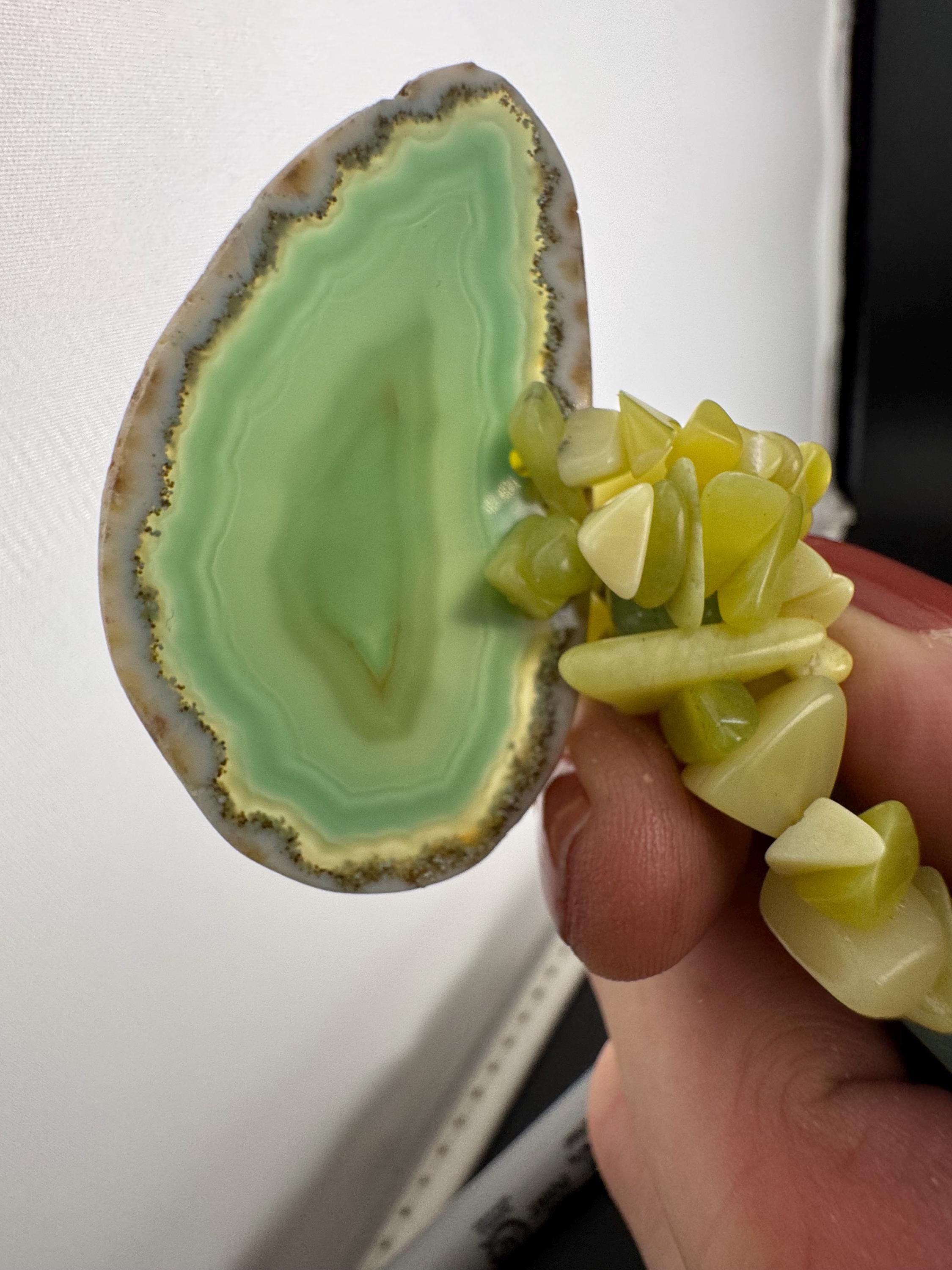 Green Agate slice long beaded gemstone Necklace: 925 Silver Clasp