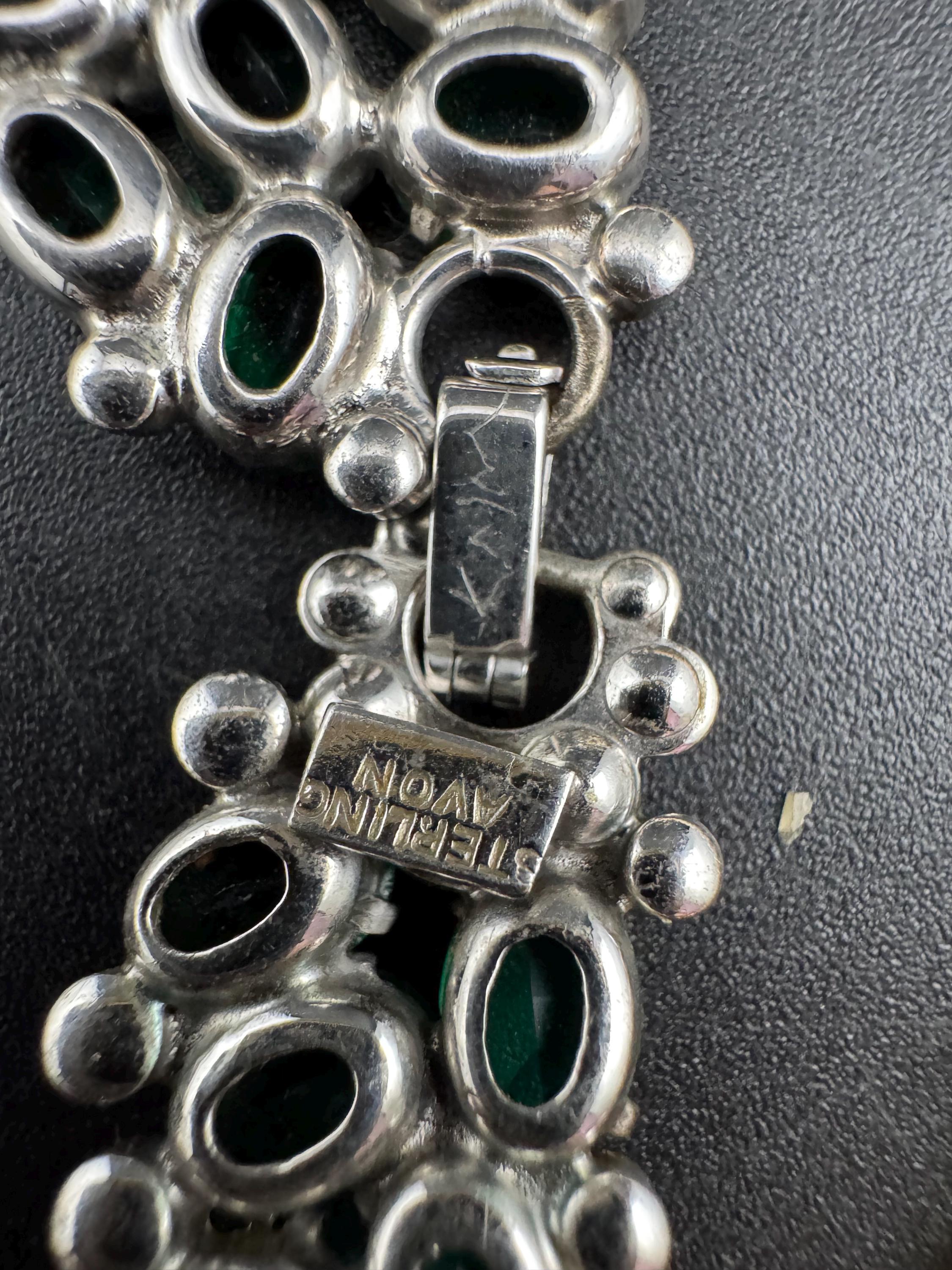 Vintage AVON Sterling Emerald Rhinestone Jewelry Set: Faux Pearl Choker & Earrings