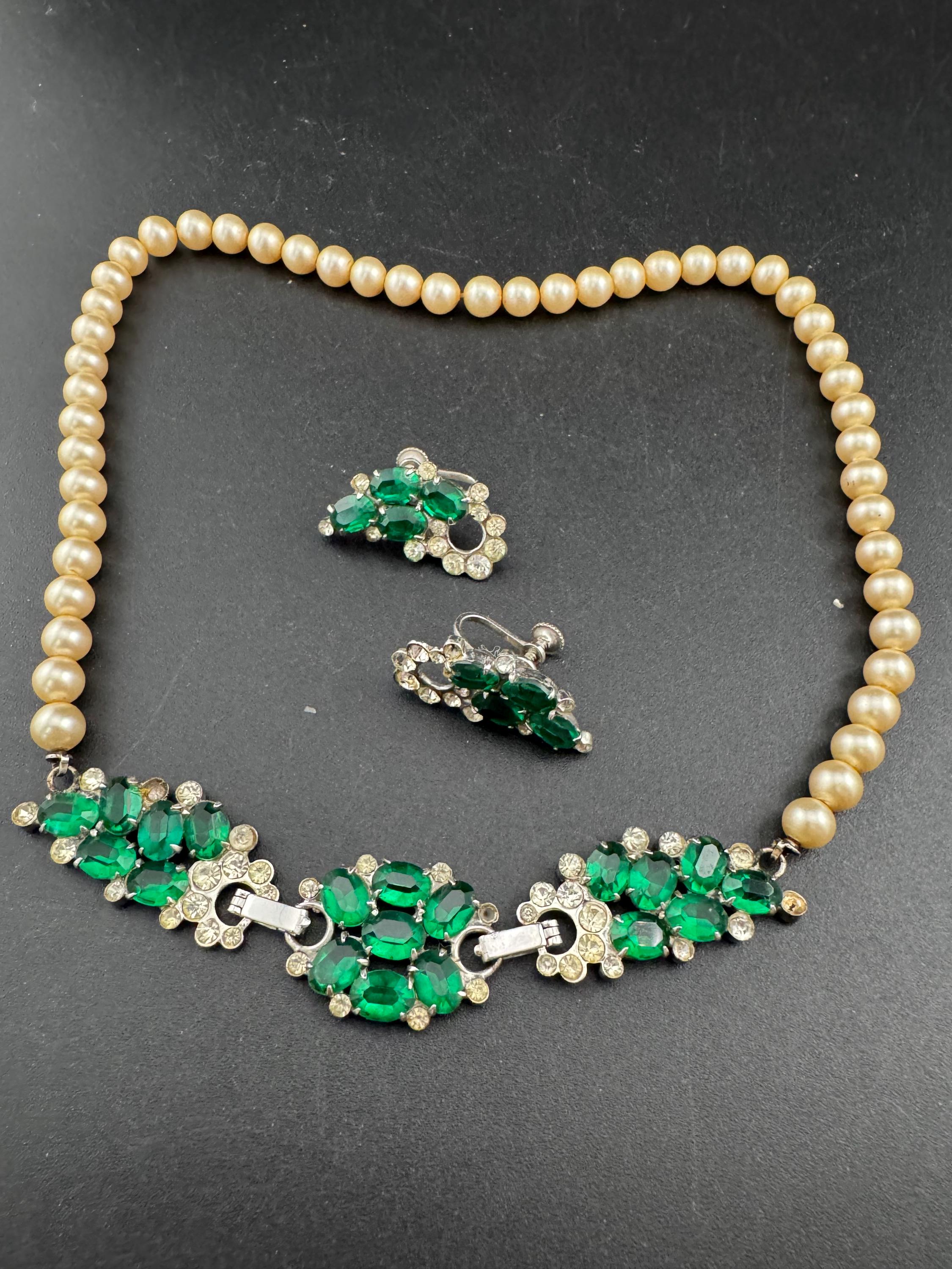 Vintage AVON Sterling Emerald Rhinestone Jewelry Set: Faux Pearl Choker & Earrings