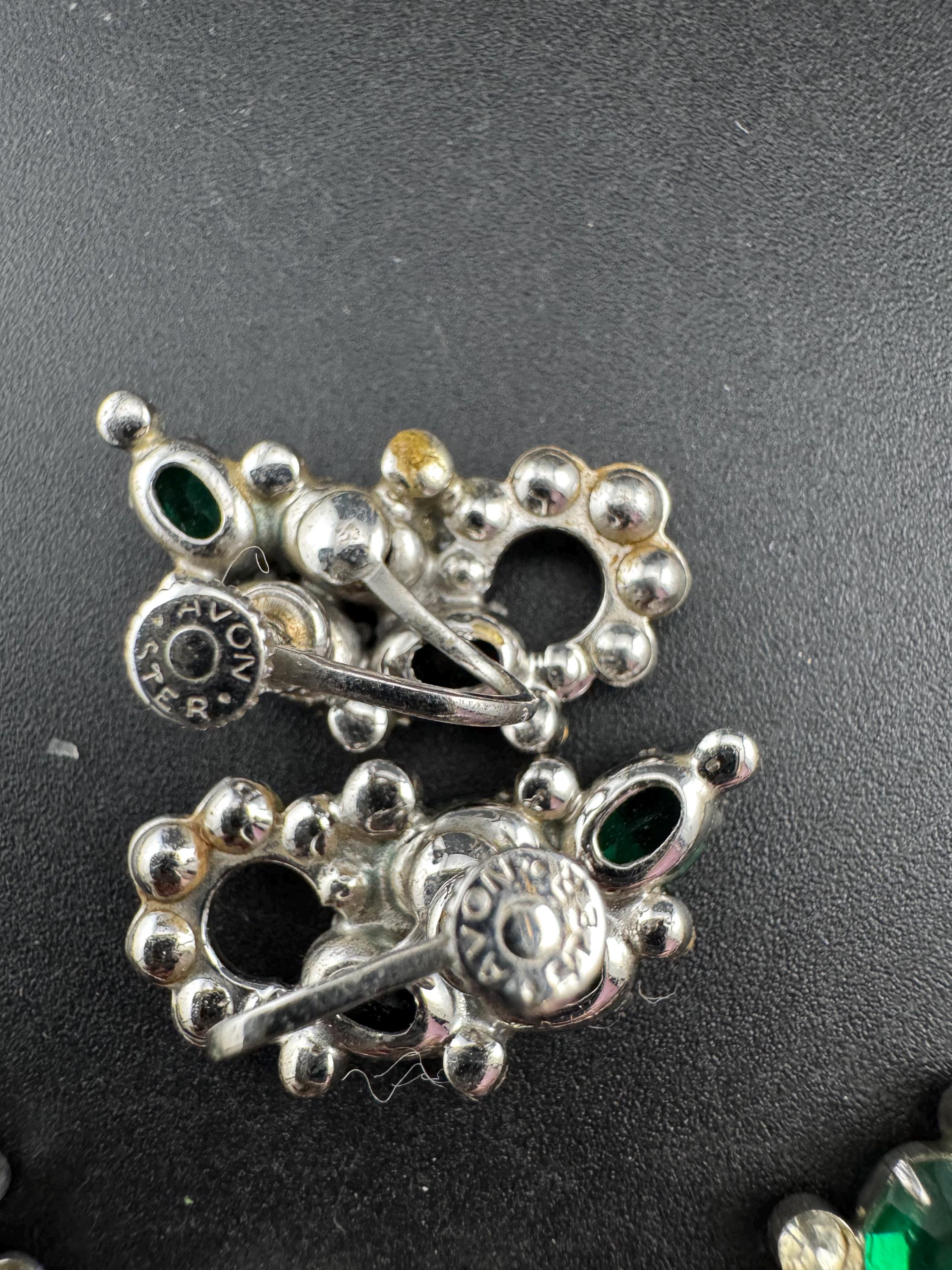 Vintage AVON Sterling Emerald Rhinestone Jewelry Set: Faux Pearl Choker & Earrings