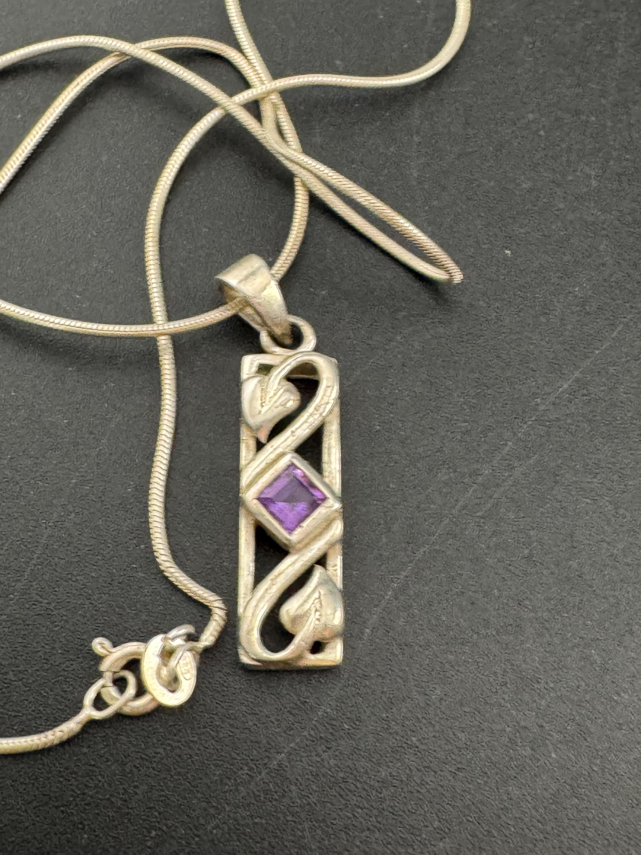 925 sterling Silver amethyst gemstone pendant necklace, Charles Rennie Mackintosh style, arts & crafts