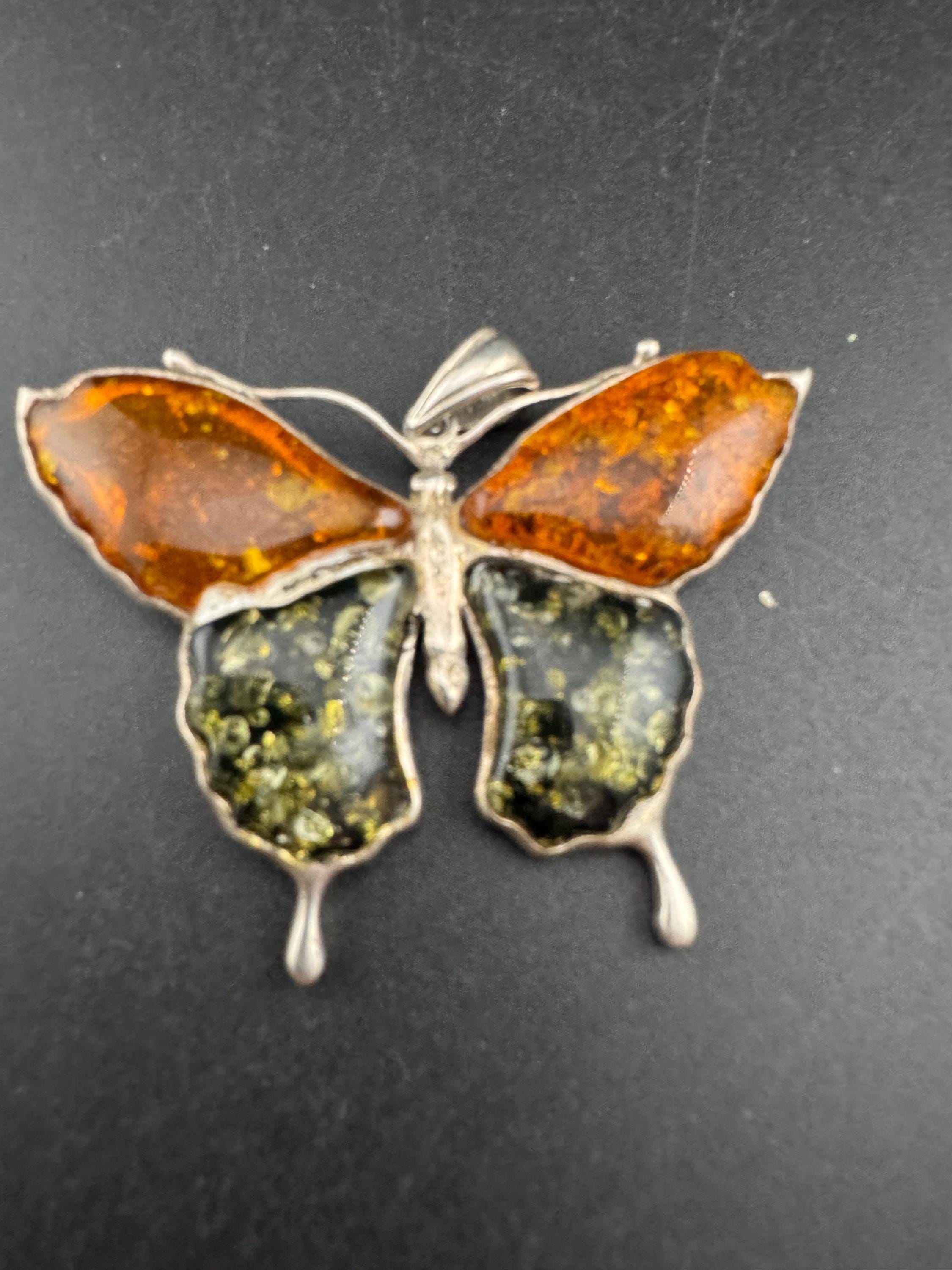 Large 6cm Amber butterfly Pendant,  Sterling 925 Silver gemstone resin jewellery