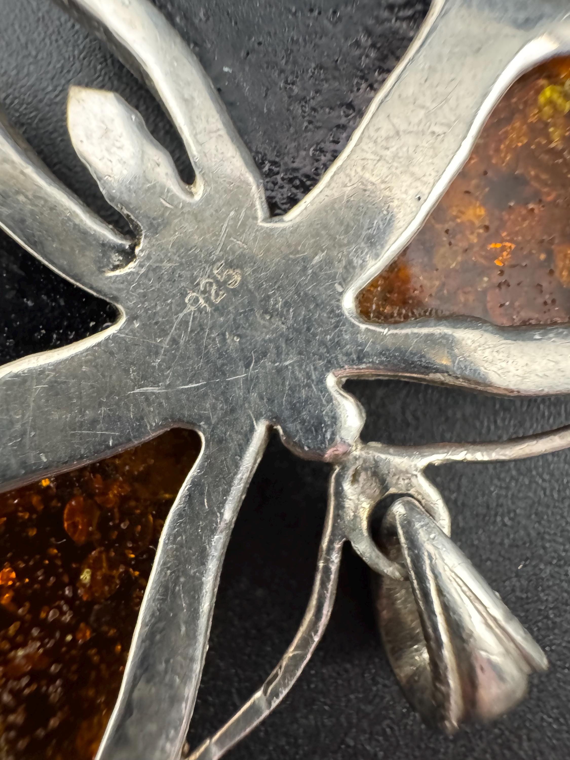 Large 6cm Amber butterfly Pendant,  Sterling 925 Silver gemstone resin jewellery