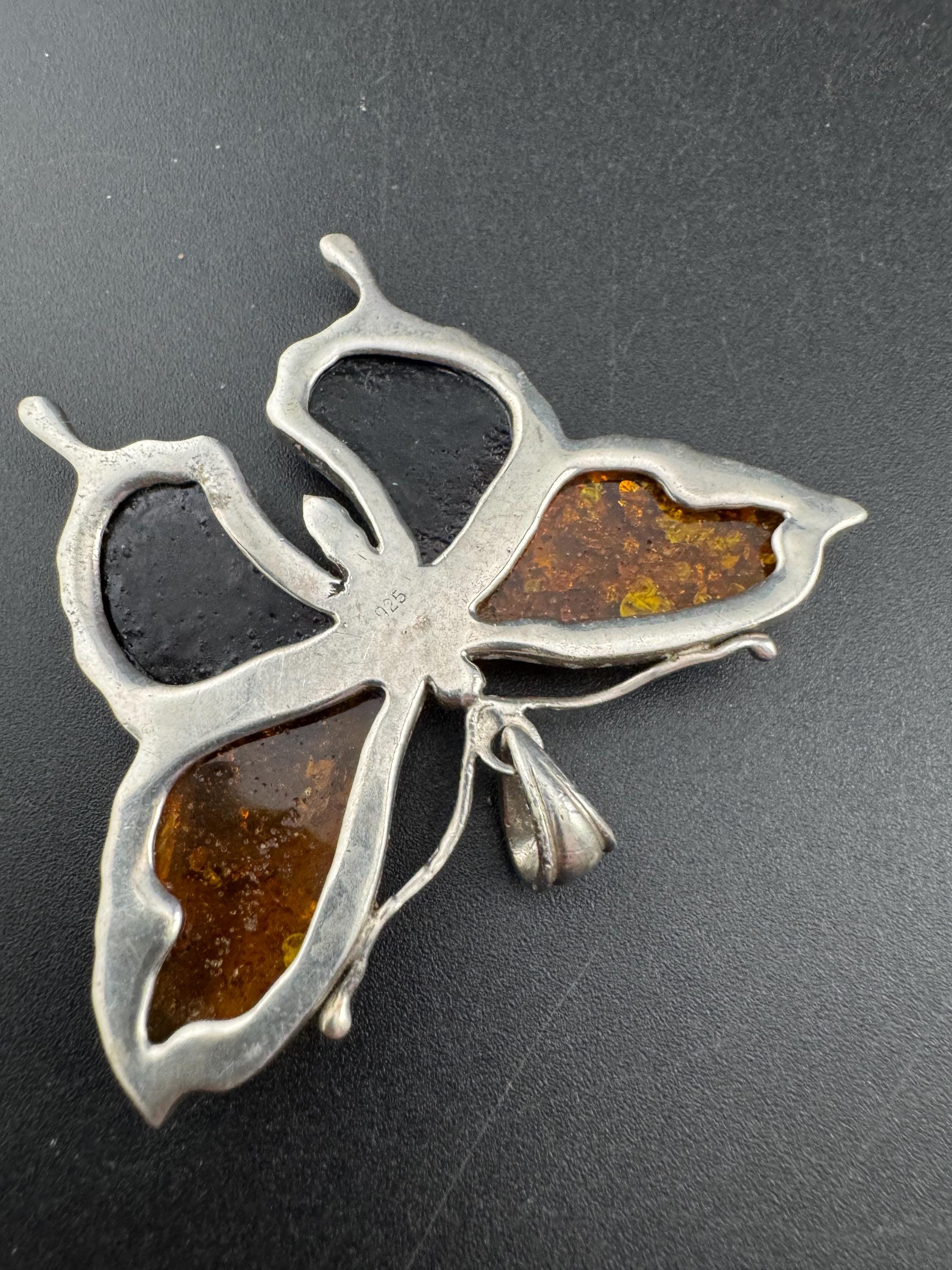 Large 6cm Amber butterfly Pendant,  Sterling 925 Silver gemstone resin jewellery