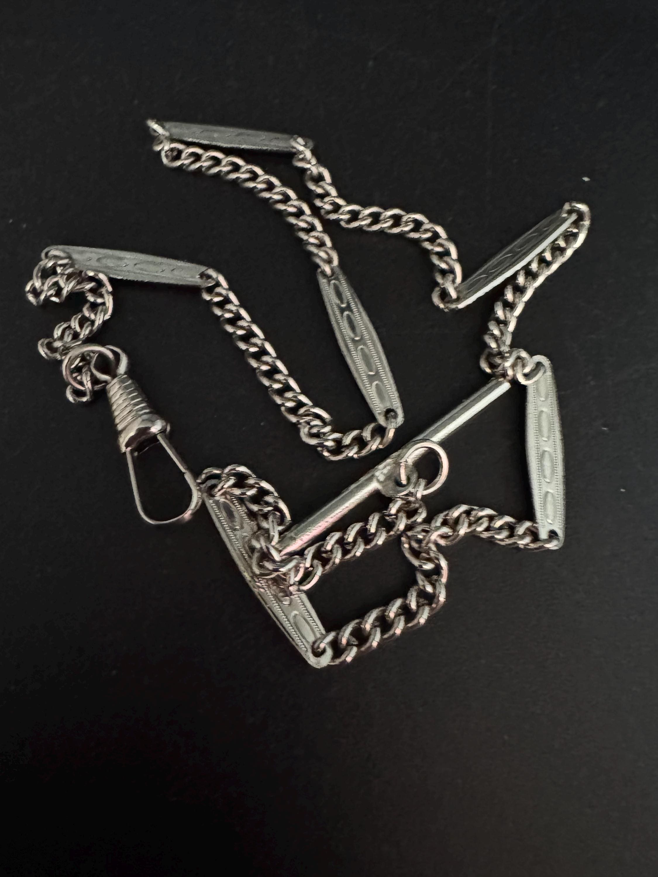 Art Deco Pocket Watch Chain T bar and necklace : Silver Metal machine age, 43.5cm