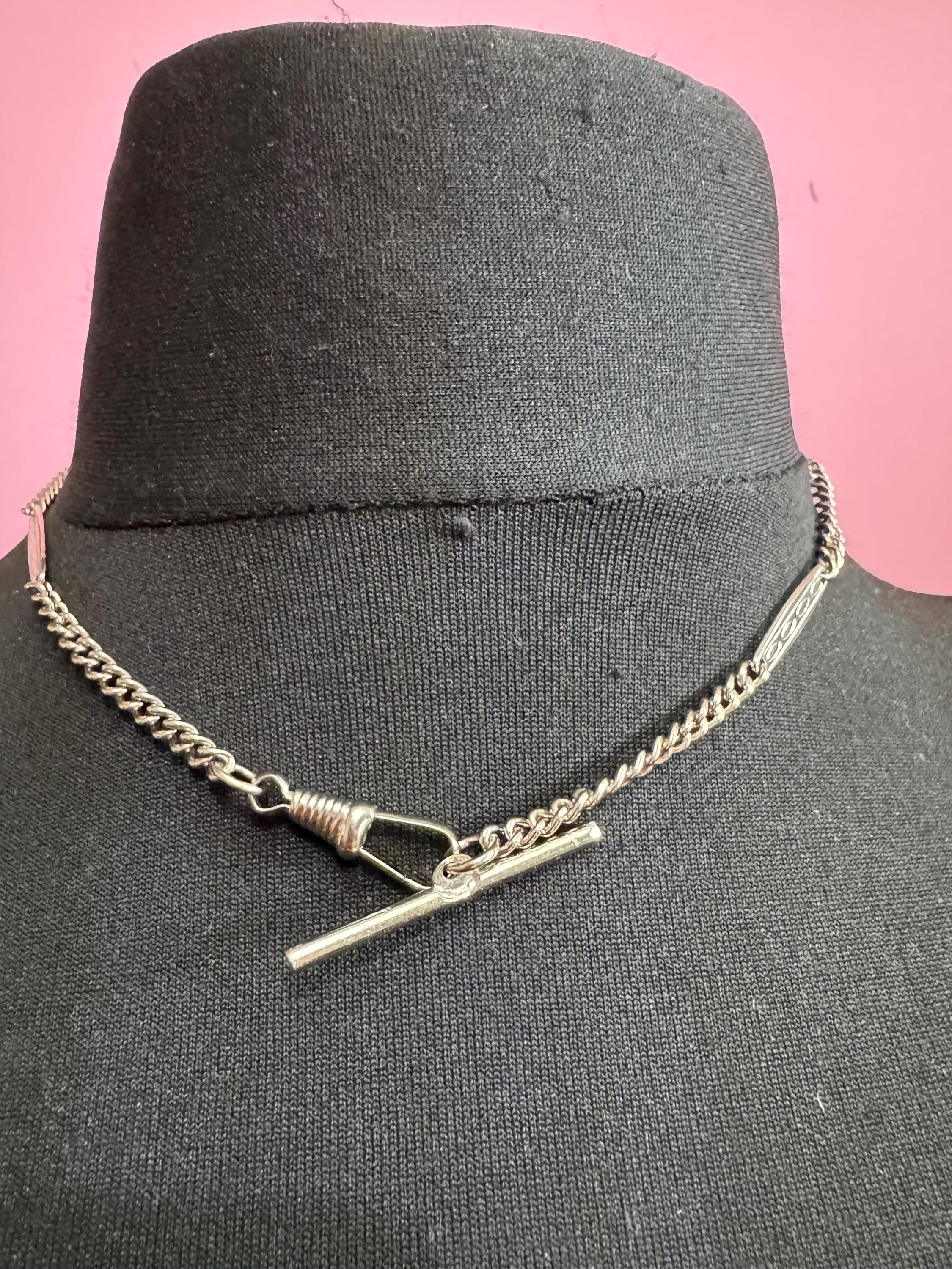 Art Deco Pocket Watch Chain T bar and necklace : Silver Metal machine age, 43.5cm