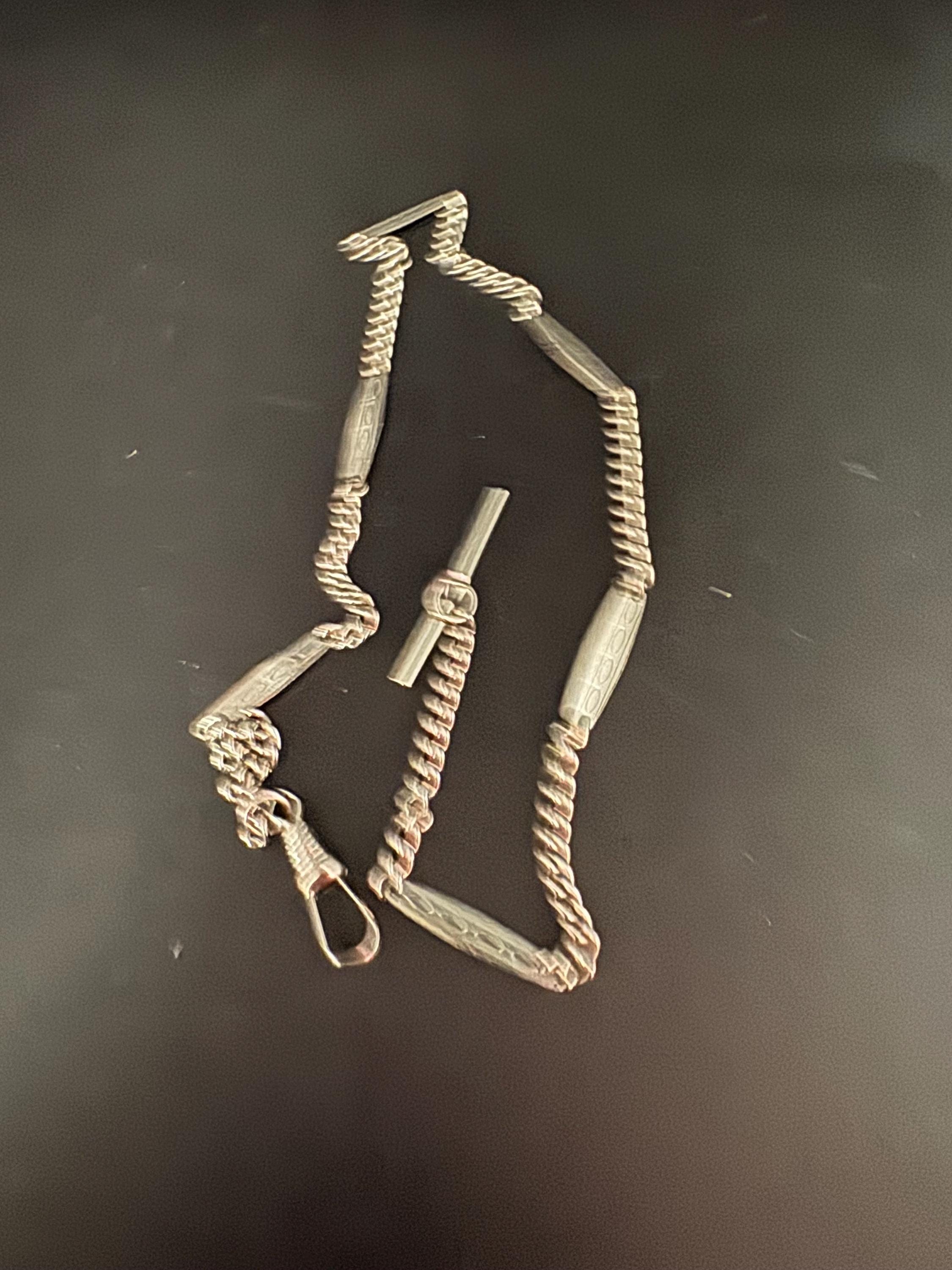 Art Deco Pocket Watch Chain T bar and necklace : Silver Metal machine age, 43.5cm