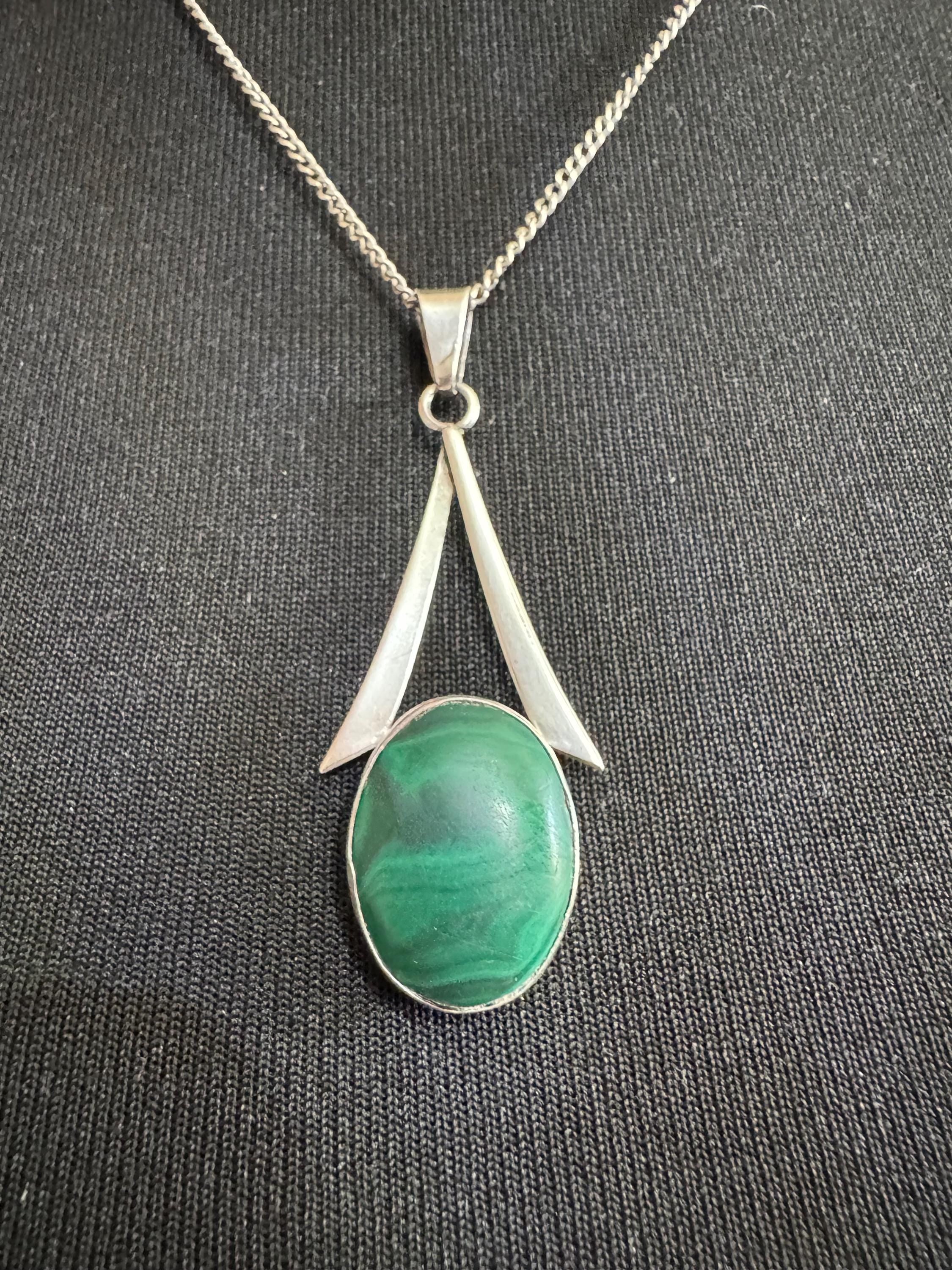 Sterling Silver 925 Modernist Malachite gemstone pendant ,  chain Necklace