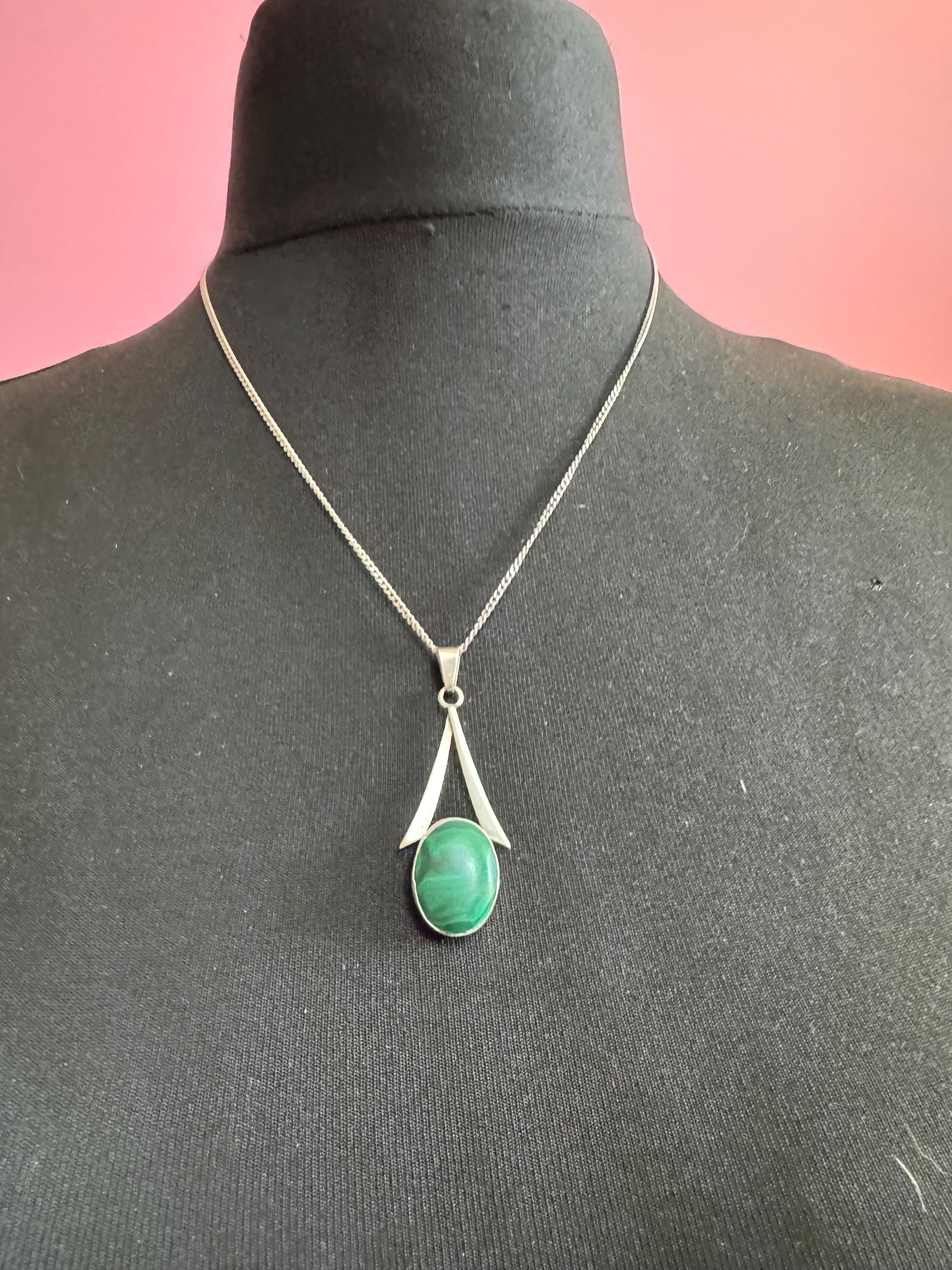 Sterling Silver 925 Modernist Malachite gemstone pendant ,  chain Necklace