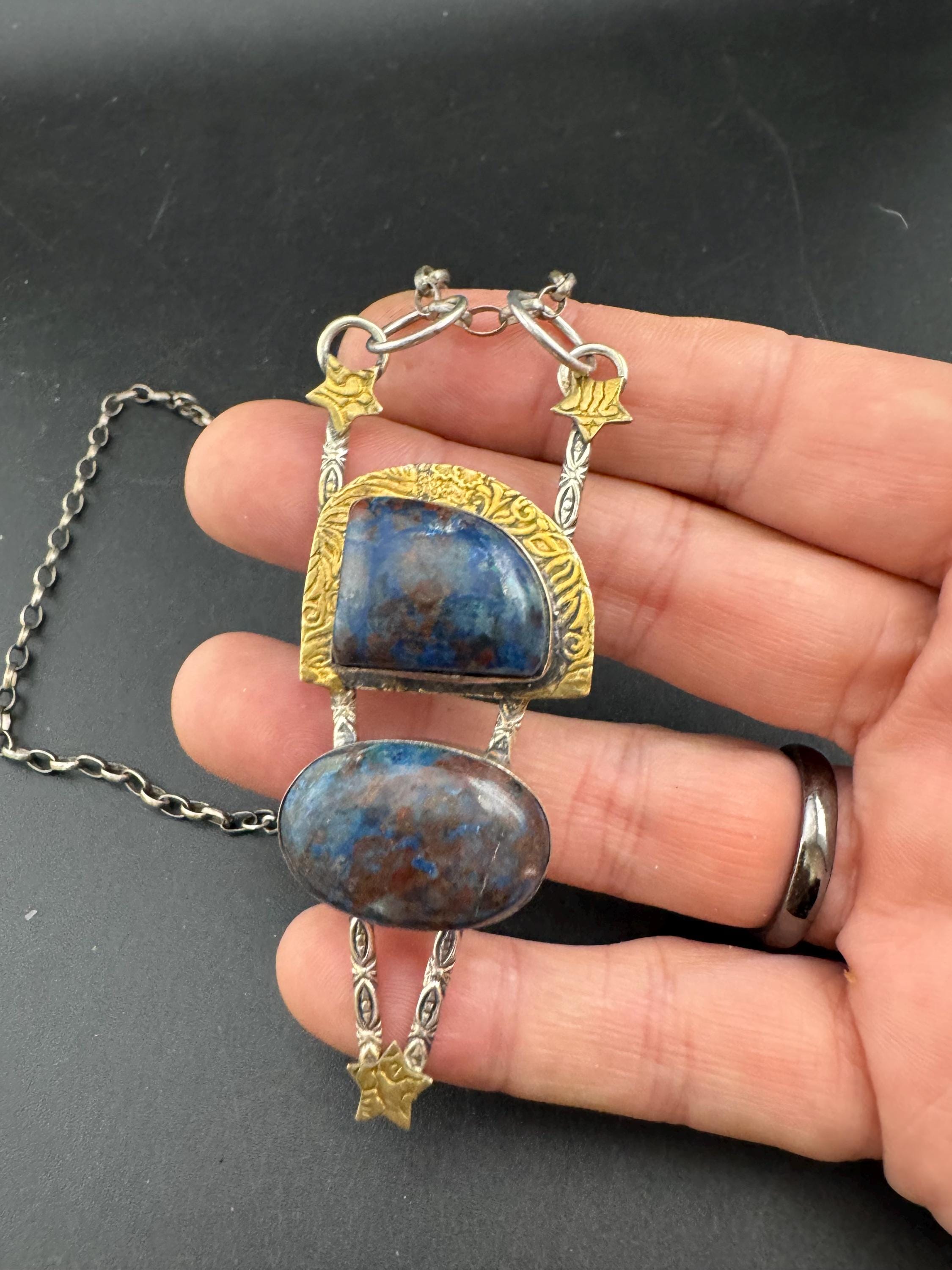 vintage blue brown gemstone artisan modernist pendant,  925 sterling silver 54cm chain