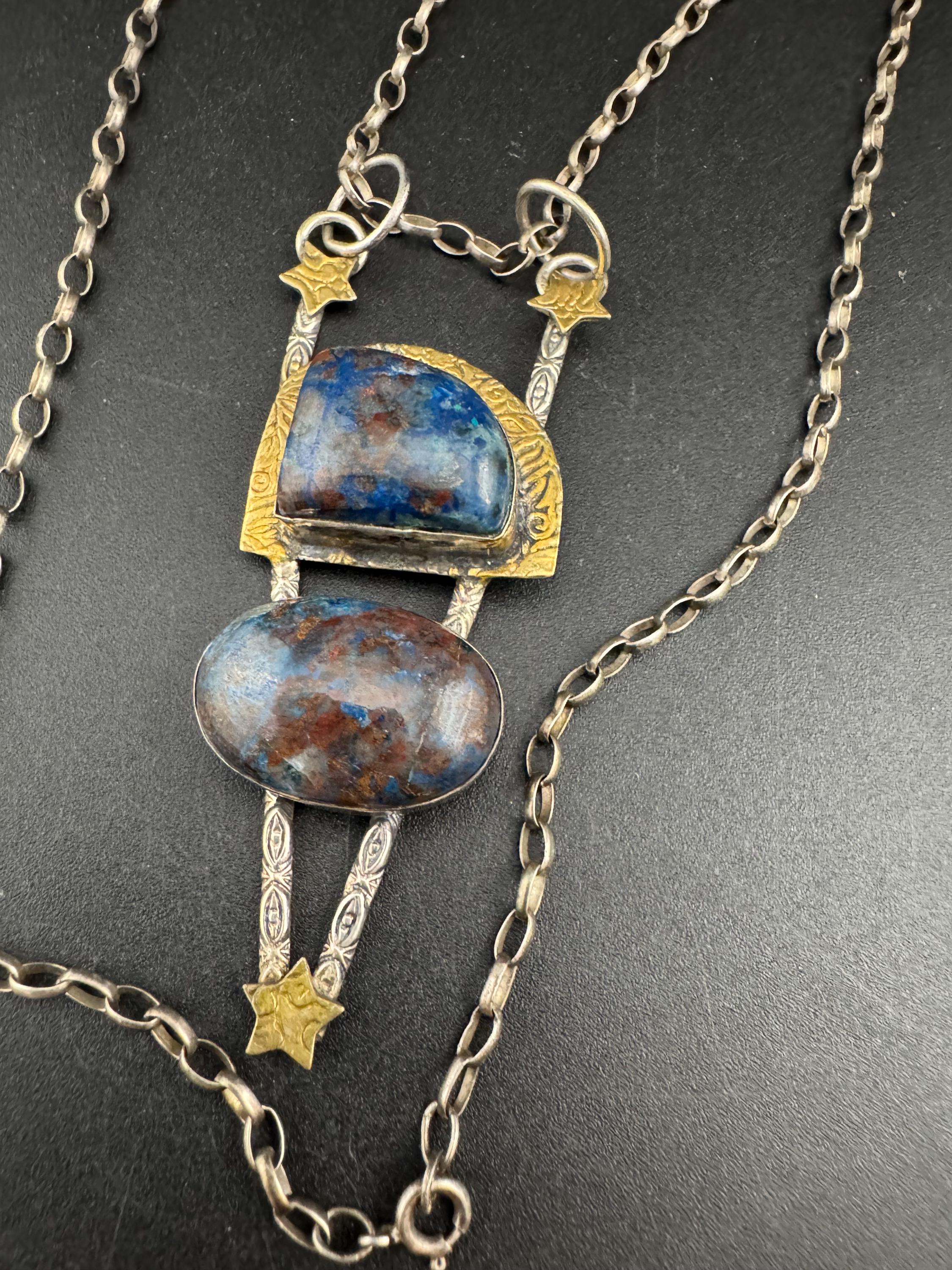 vintage blue brown gemstone artisan modernist pendant,  925 sterling silver 54cm chain