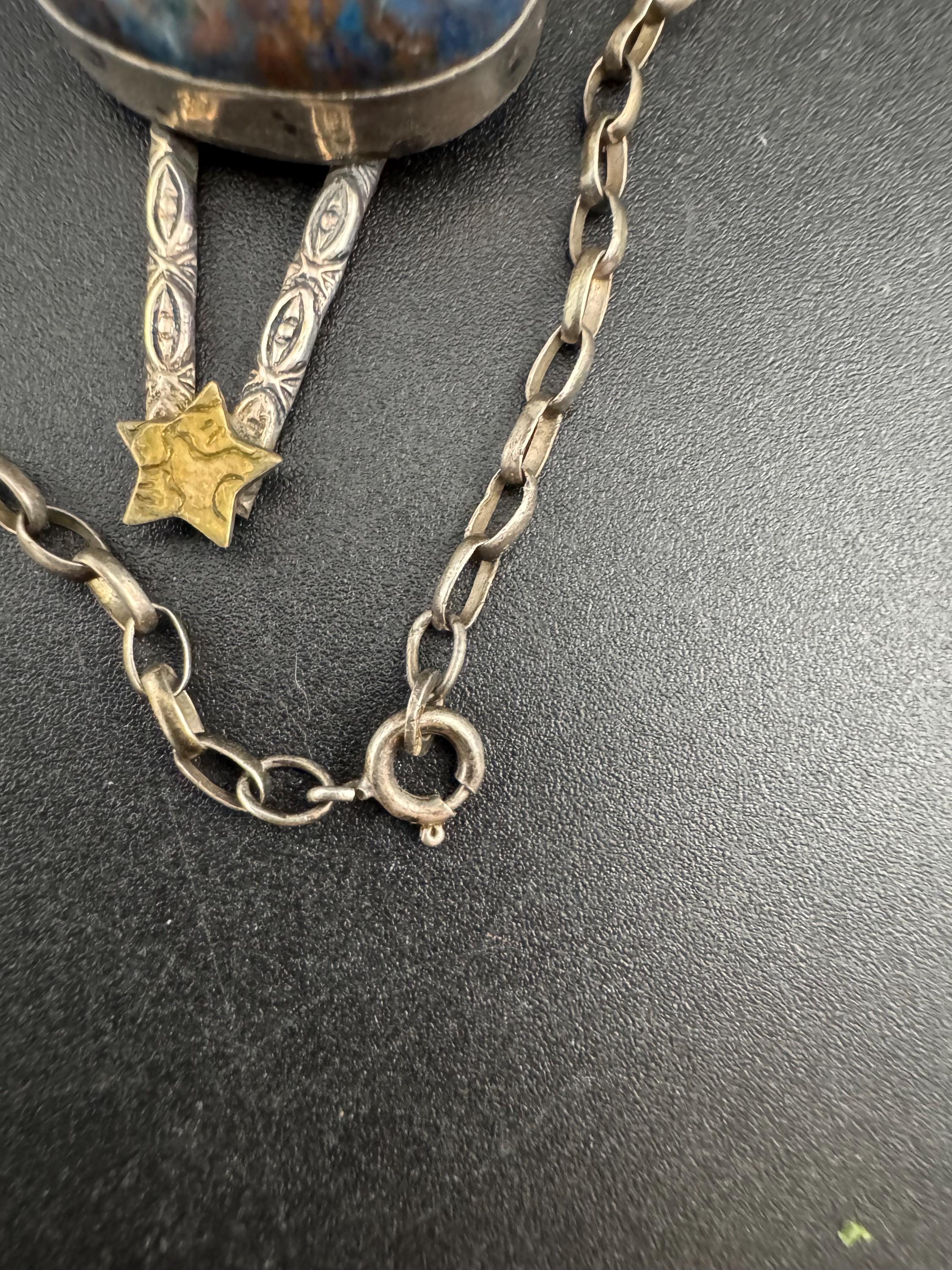 vintage blue brown gemstone artisan modernist pendant,  925 sterling silver 54cm chain