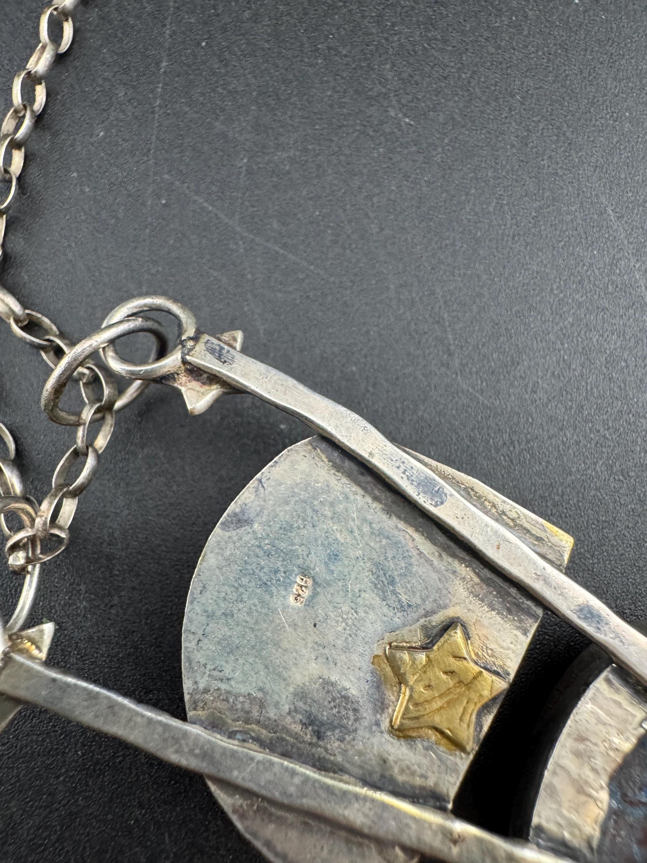 vintage blue brown gemstone artisan modernist pendant,  925 sterling silver 54cm chain