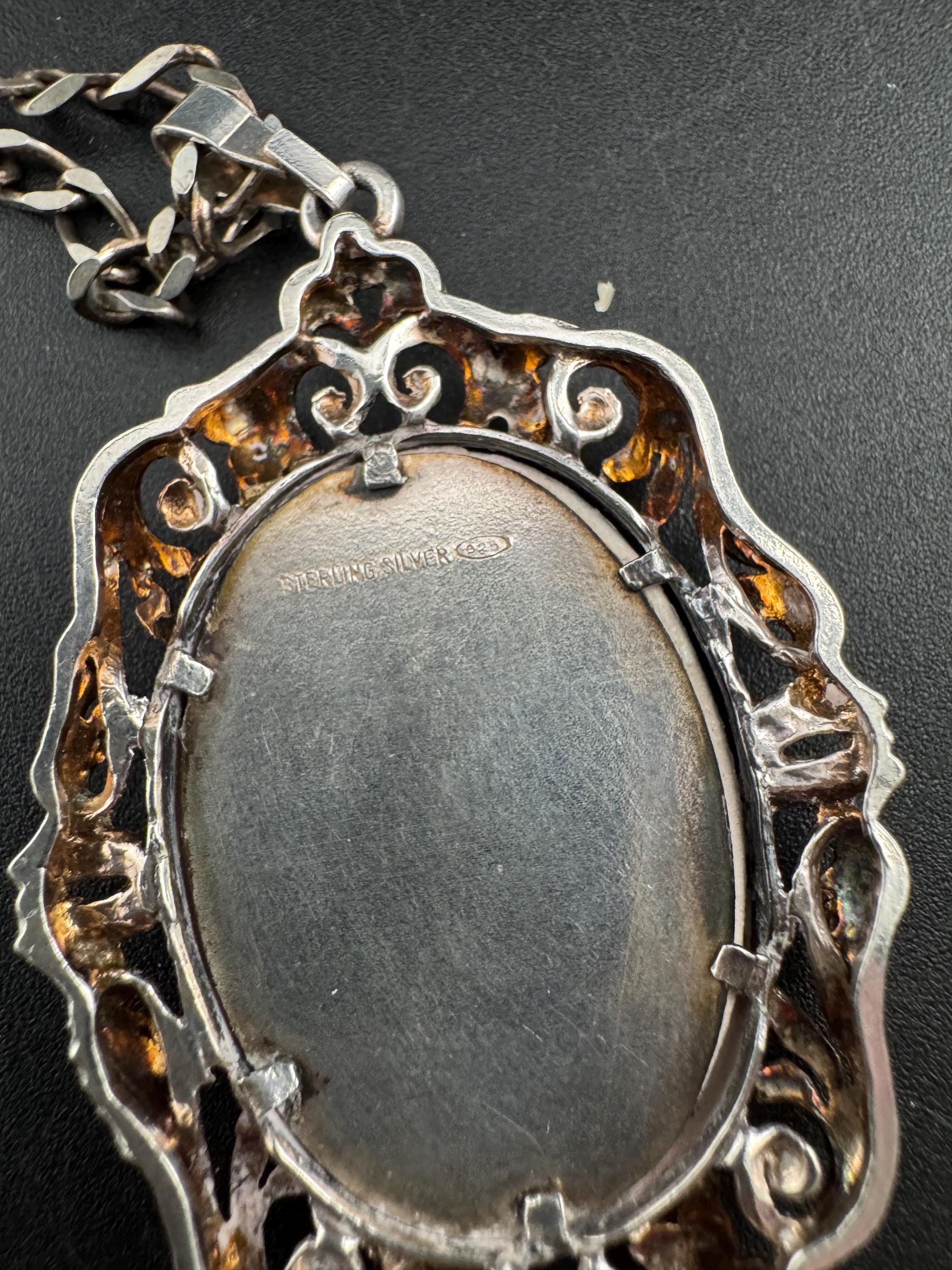 Vintage Limoges Porcelain Pendant Necklace, 925 Sterling Silver Chain